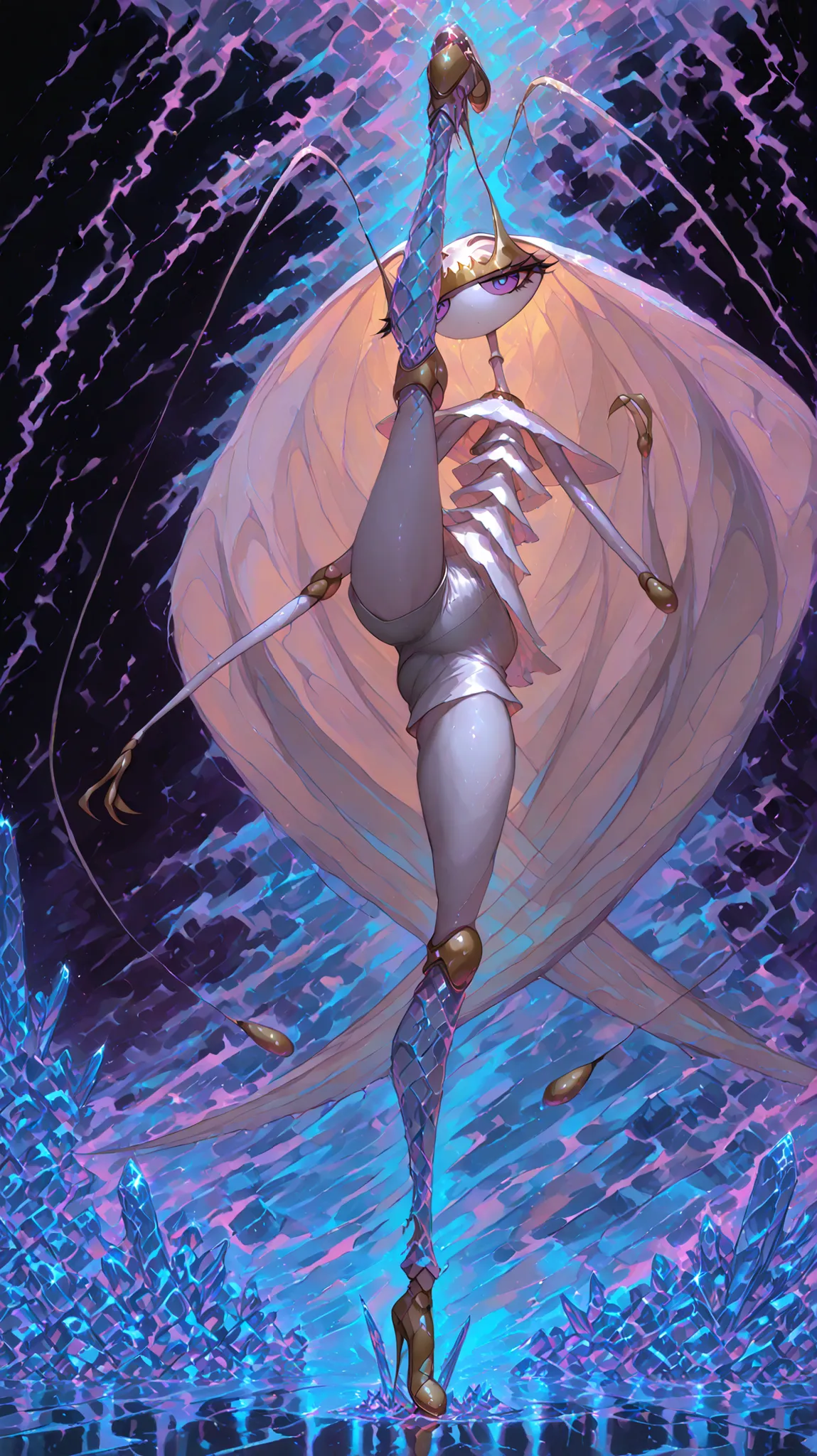 Pheromosa from Pokemon, White Body, Thin Waist, Very Thin Waist, Wasp Waist, Solo,vibrant colors, cel shading, Simplistic Art Style, solo,((jumping kick:1.3)),(colorful),((acrobat)),(ice storm effect:1.6)