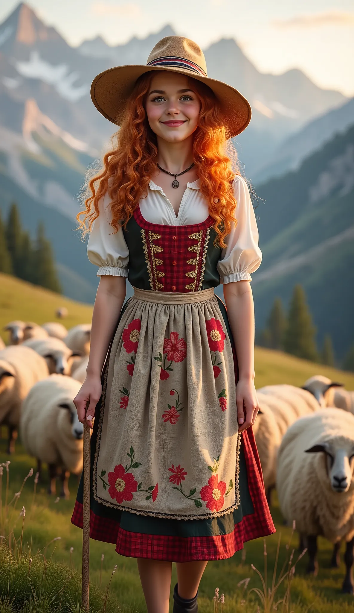 Girl of the Alps、18 year old Swiss、a girl with a slightly playful face、About 155 cm tall、wearing a Swiss national dress {x} wearing a Swiss national dress {x} with red hair curly at the back、wearing a Swiss national hat、wearing a floral apron、wearing a Swi...