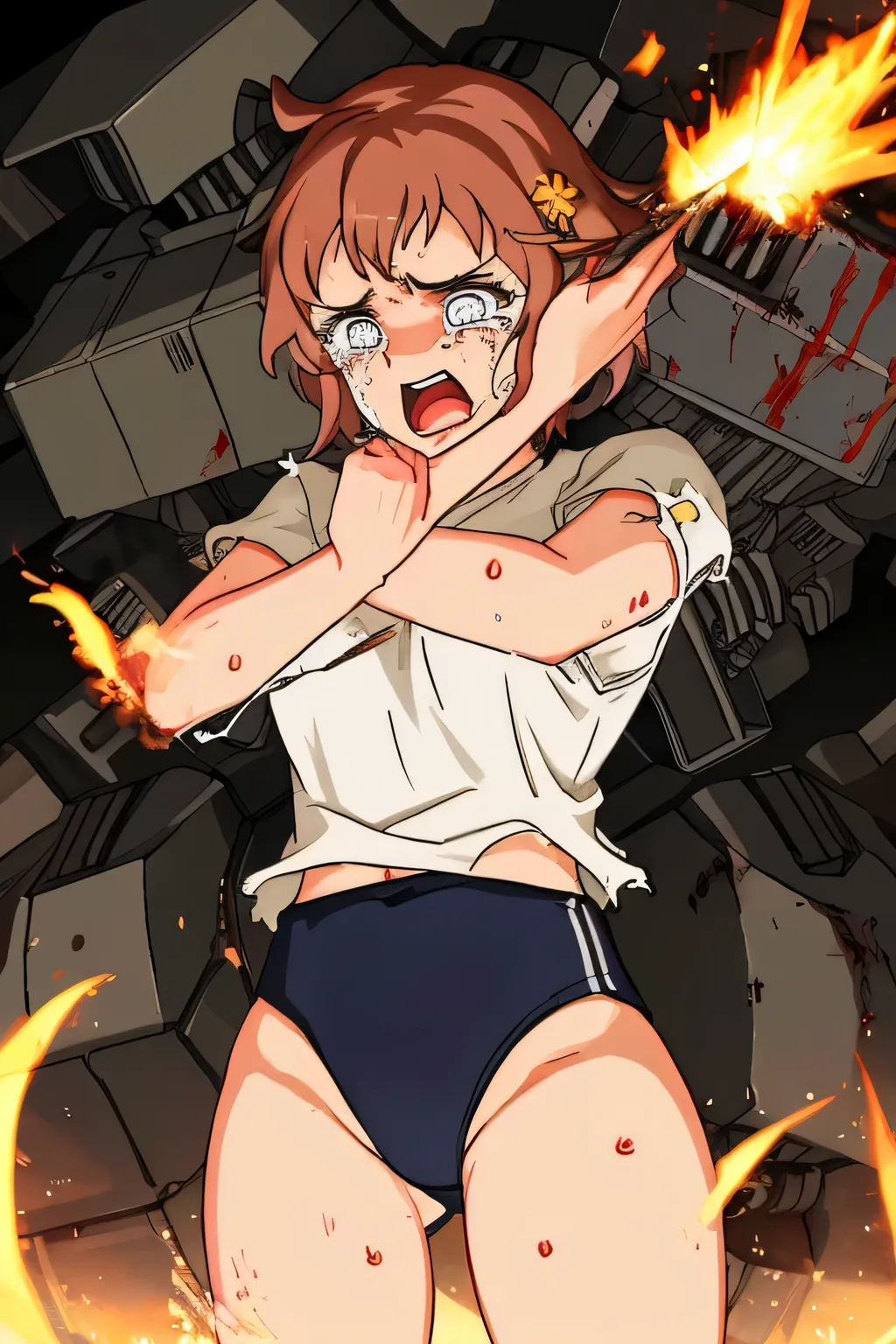 cockpit_explosion, fire, electricity, screaming, explosion, science fiction, wide-eyed, tearing clothes, standing, blood, scared, sweat, crying, mecha, torn clothes, tears, cockpit,1girl、wearing black gymnastics bloomers,high leg,white blouse,cowboy shot,s...