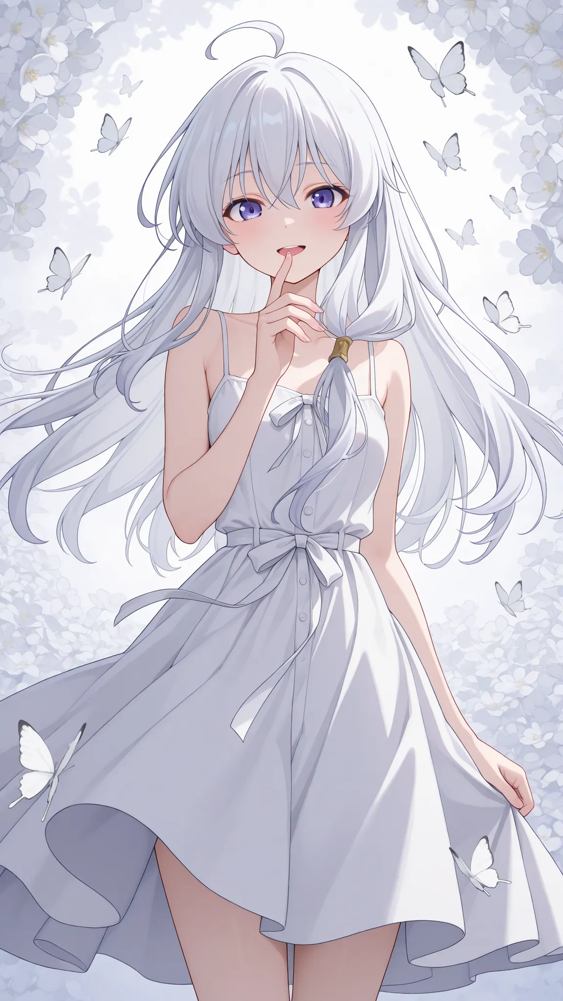 Elaina, white sundress with ribbon waist tie, spaghetti straps, beautiful anime girl with long white hair, surrounded by glowing white butterflies, ethereal atmosphere, soft lighting, intricate floral background, high detail, ultra HD, 4K, art by Hayao Miy...