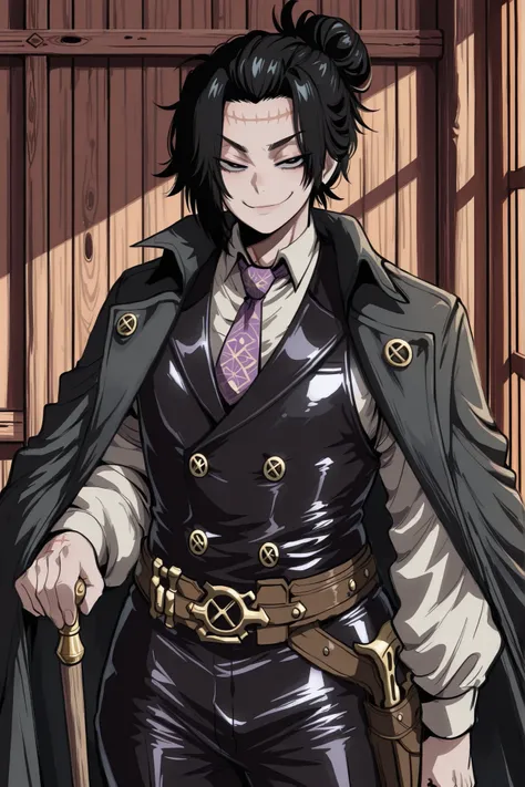 IllusP0s, kurenaiz, masterpiece, ultra highres, best quality, arcane, 1male, male focus, solo, black hair, short hair, Half-Man Bun hair style, black eyes, pupils dots, narrow slit eyes, black trench coat, flowing black trench coat cape, dramatic billowing...