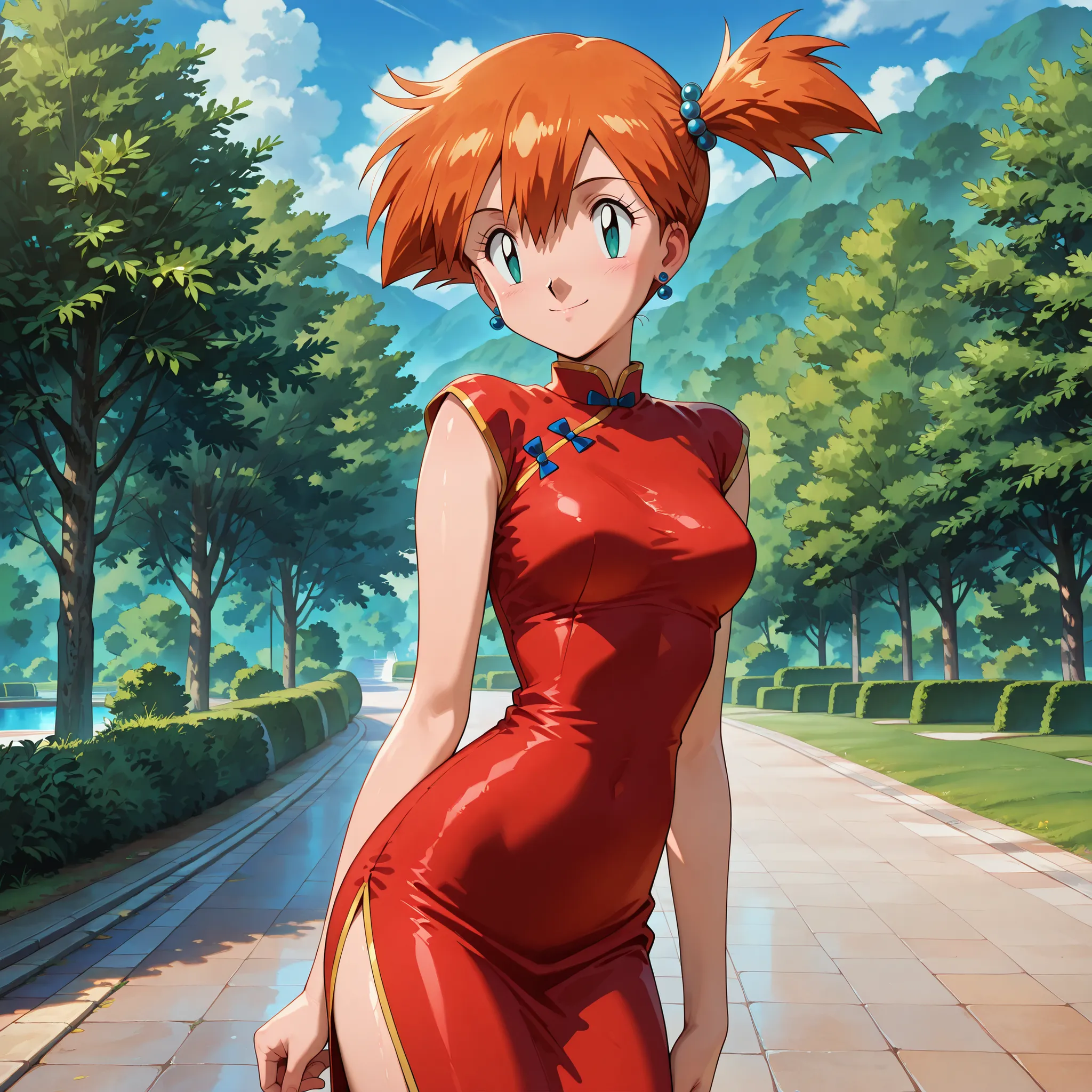 masterpiece, amazing quality, best quality, ultra-detailed, 8K, illustration, clear skin, ultra-detailed-eyes, soft skin, very awa, very as2, soft body, 1990s \(style\), official art, anime screenshot,misty, side ponytail, red china dress, blue bead hair t...