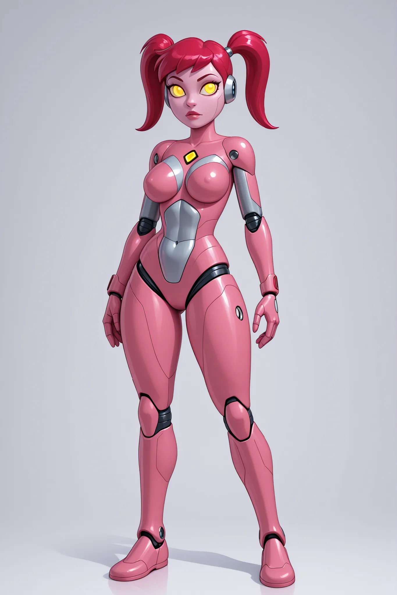 A tall, full body, curvy, thick thighs, alien female android robot, mechanical body, standing nude, triangular head, glowing triangular yellow eyes, silky smooth pink metallic skin with faint bioluminescent circuits under the surface, large round breasts, ...