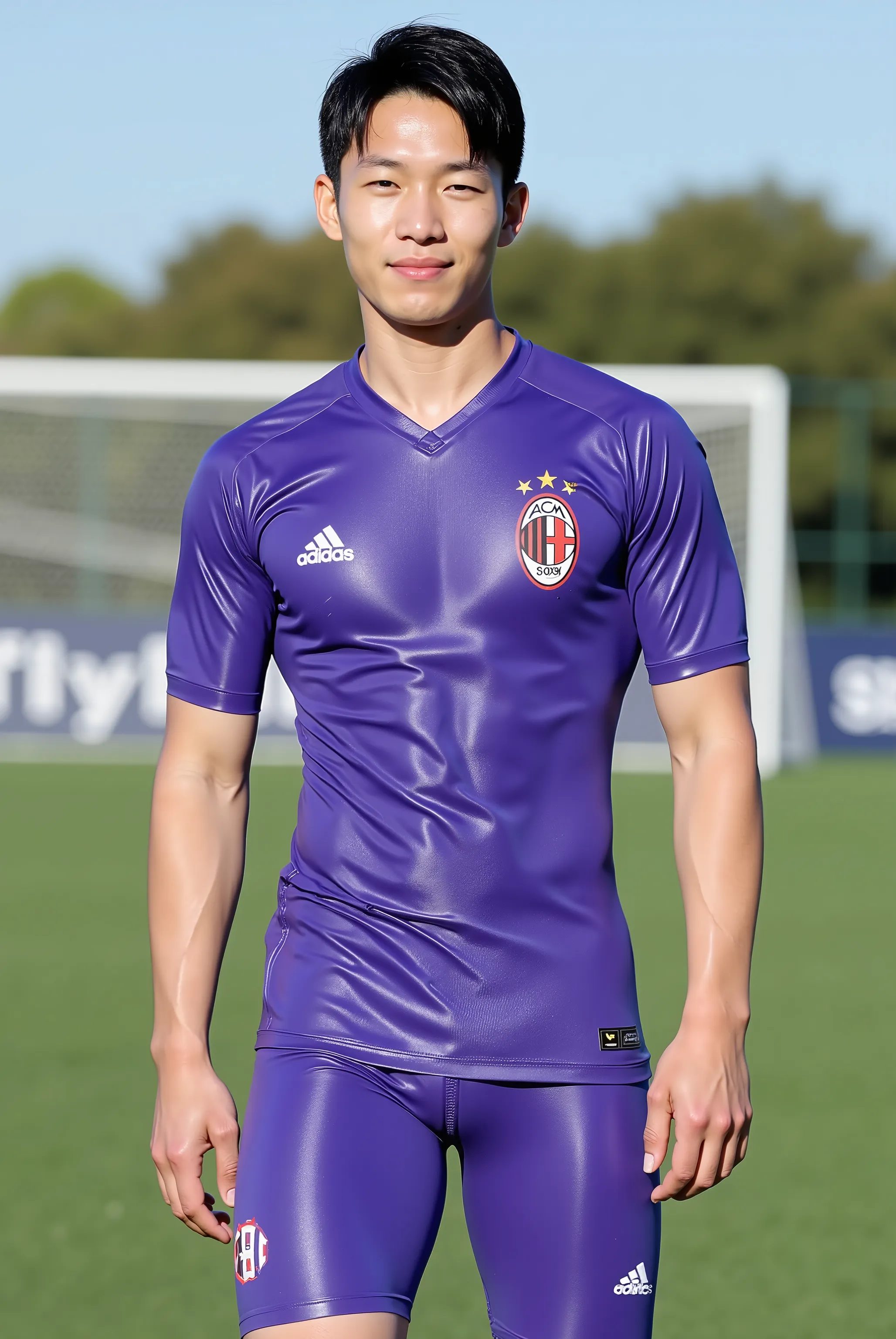 young, boy,all nationality are japanese, soccer player, handsome japanese boys, standing on the soccercourt, boy group, 4 people, a sunny and handsome boy，about 22 years old， short hair，Full body photo composition，solid color background，8k， HD, soccer unif...