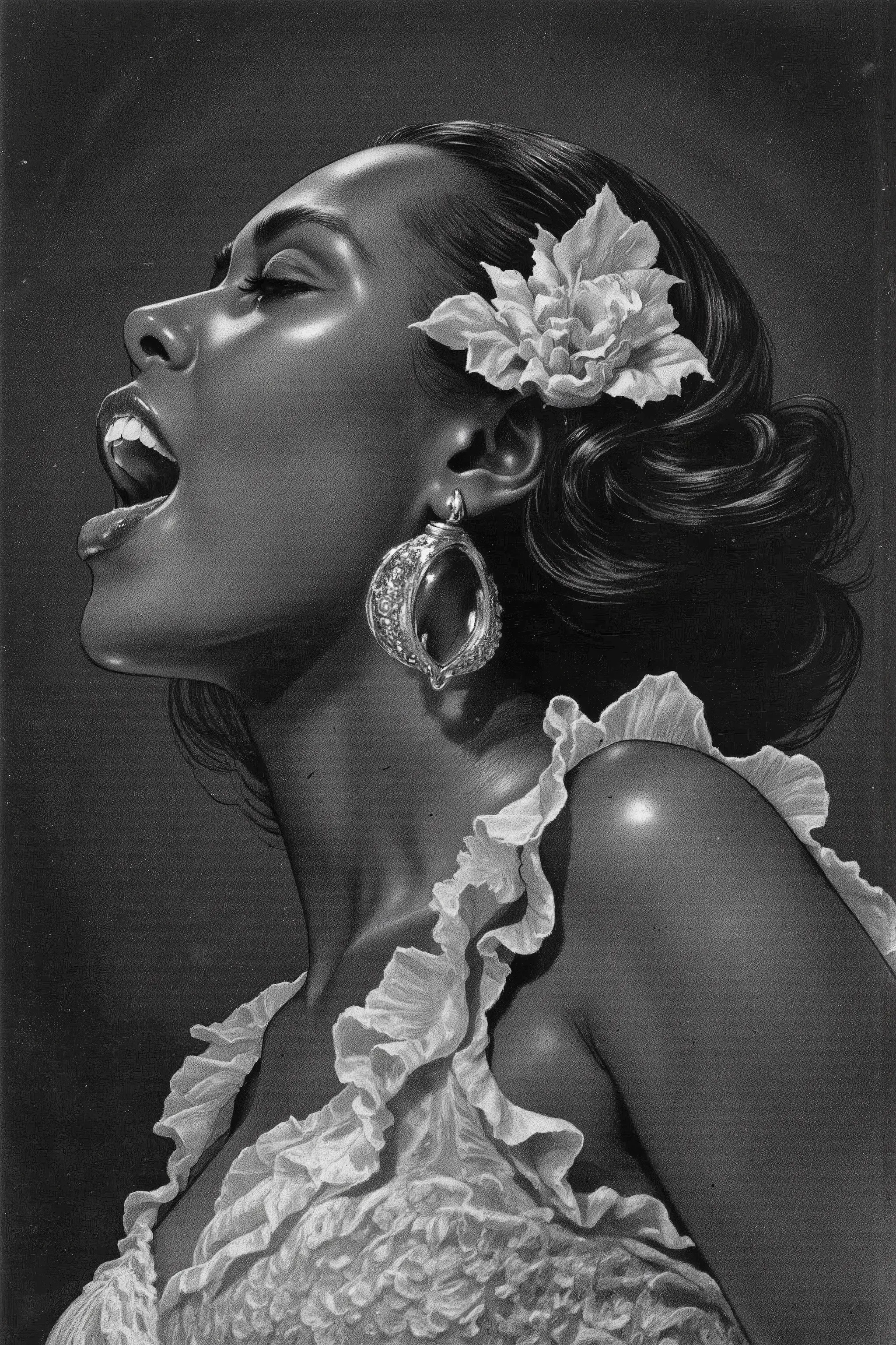 from side,White flower hair ornament,Billie Holiday,jazz singer,1950's,50~60 years old,black woman,dark mood,Black and white portrait of a woman, of African American ethnicity. Woman's expressive face,short hair,with eyes closed and mouth wide open in a v...