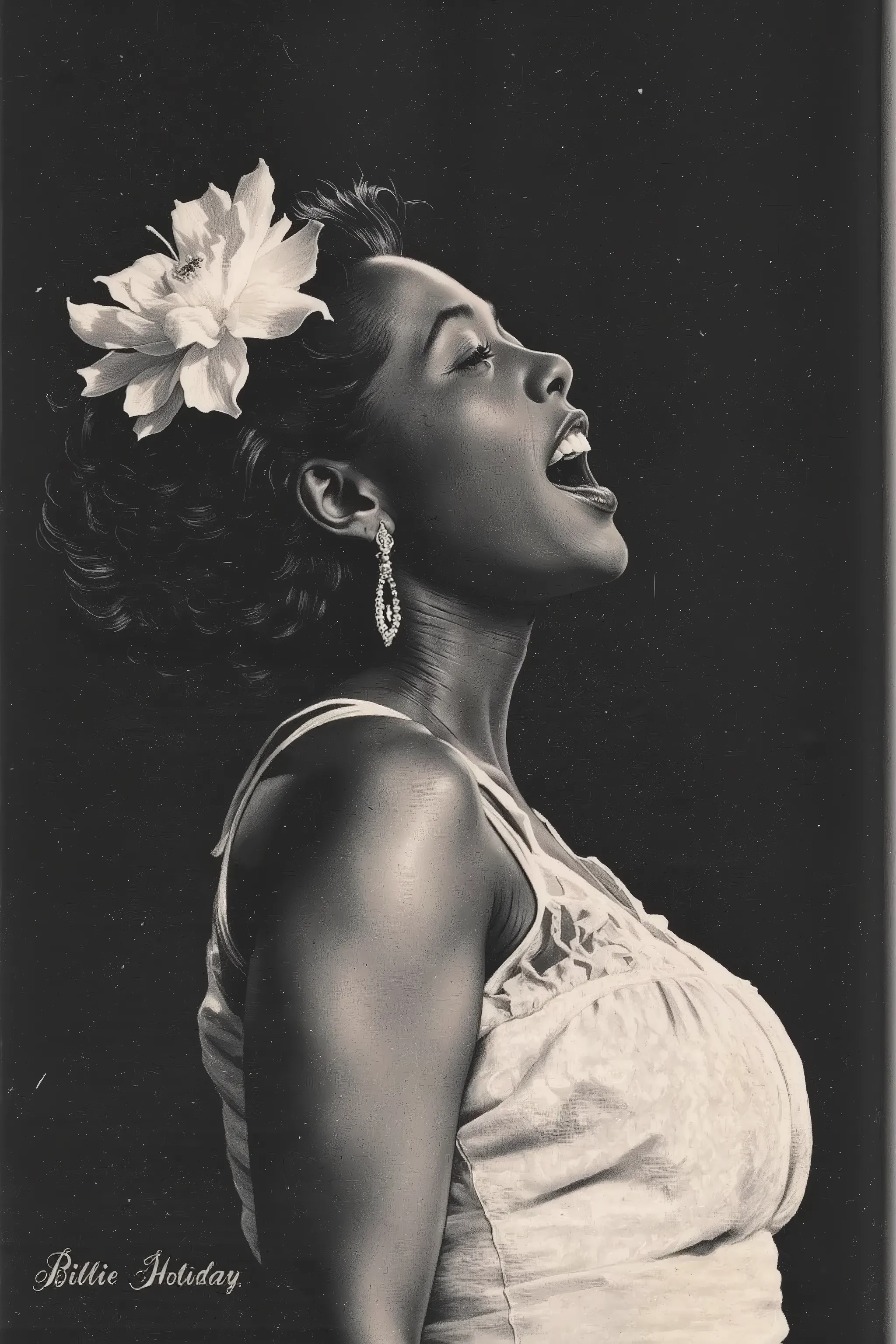 from side,White flower hair ornament,Billie Holiday,jazz singer,1950's,50~60 years old,black woman,dark mood,Black and white portrait of a woman, of African American ethnicity. Woman's expressive face,short hair,with eyes closed and mouth wide open in a v...
