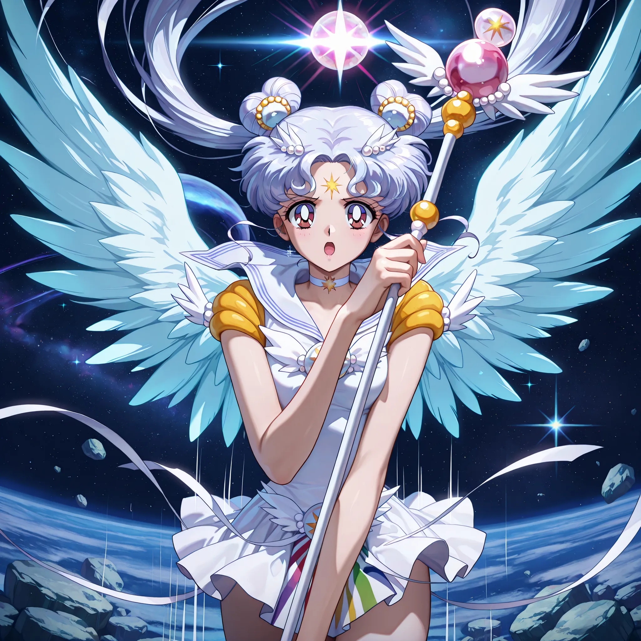 masterpiece, amazing quality, best quality, ultra-detailed, 8K, illustration, clear skin, ultra-detailed-eyes, soft skin, very awa, very as2, soft body, 1990s \(style\), official art, usagi tsukino, solo,  skirt, hair ornament, dress, holding, twintails, j...