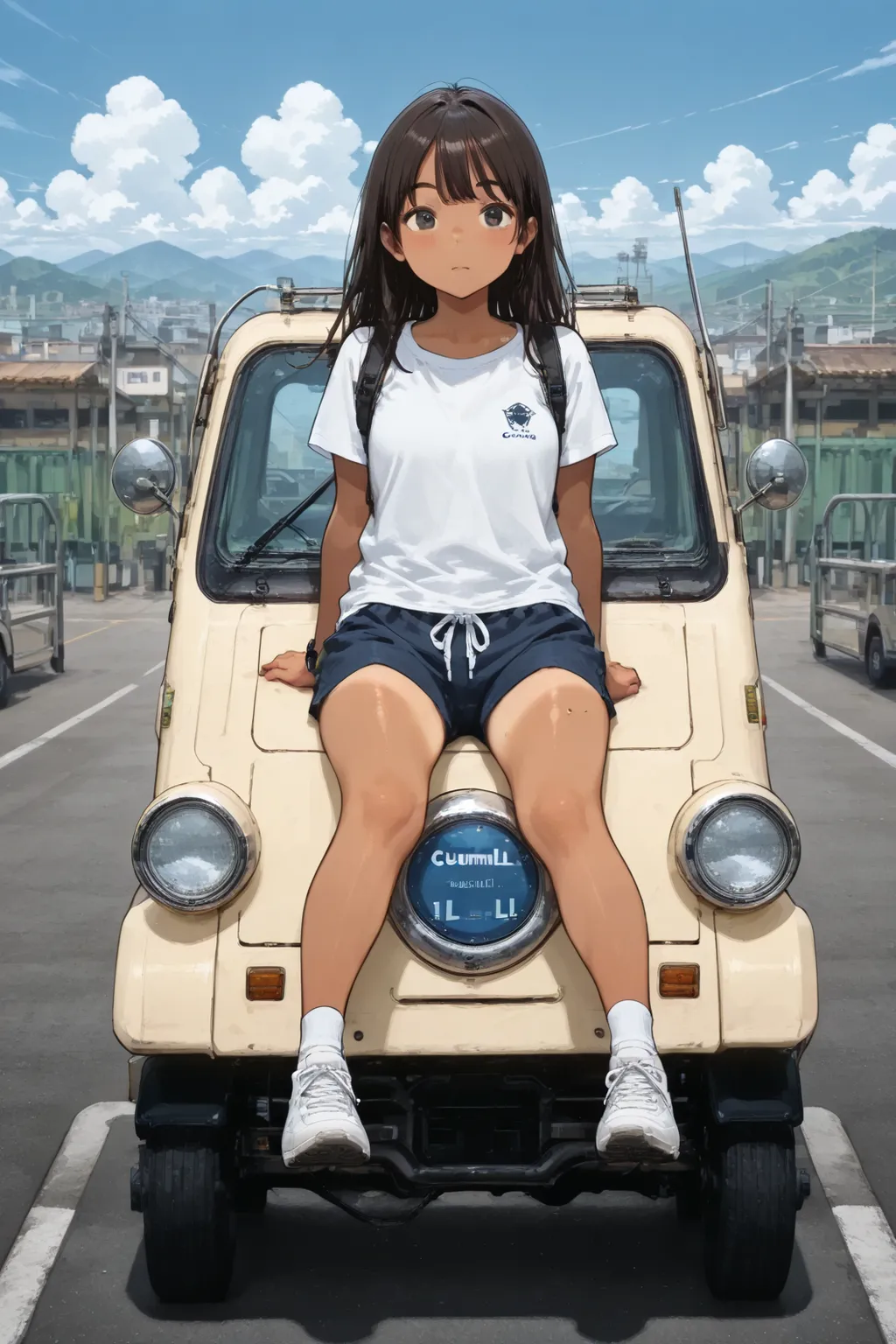tanned skin,1girl,(standhing on midget-ll),Blue sky, cumulonimbus clouds