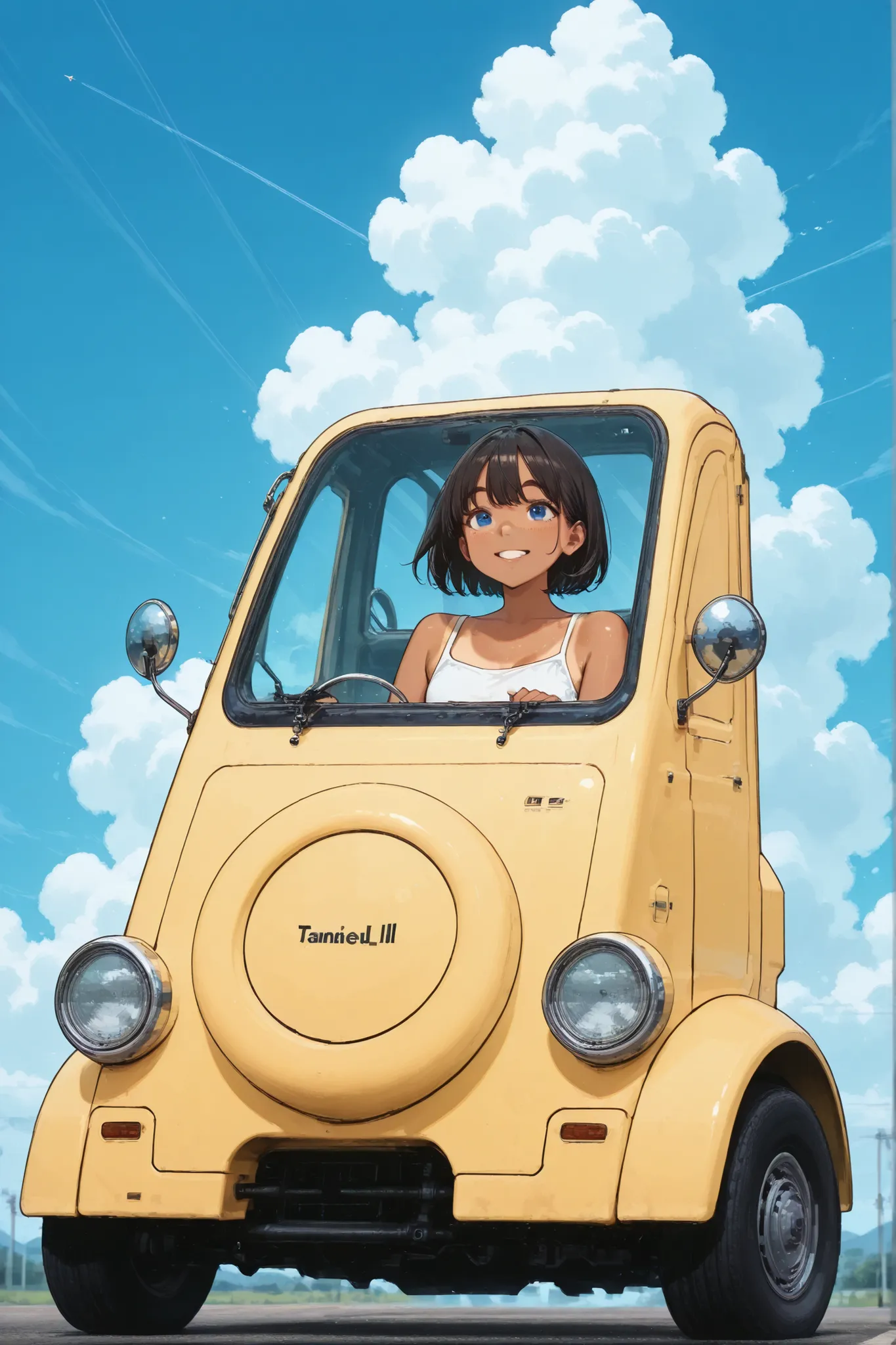 Super Detailed,absolute resolution,detailed and beautiful face and eyes,tanned skin,1girl,(standhing on midget-ll),(grin:0.5),Blue sky, [[cumulonimbus cloud]]、