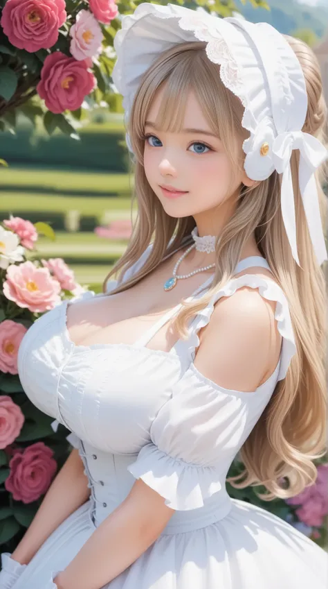 (masterpiece, best quality:1.2),[illustrations],8k,high resolution,1girl,solo,blonde hair,long hair,,
, white pure white dress ,gem,Bonnet,ribbon,hair ribbon,Pearl Necklace,frills,corset,Hair Ornament,White Gloves,Bonnet,純白のfrillsドレス,,VERY DETAILED DRESS,u...