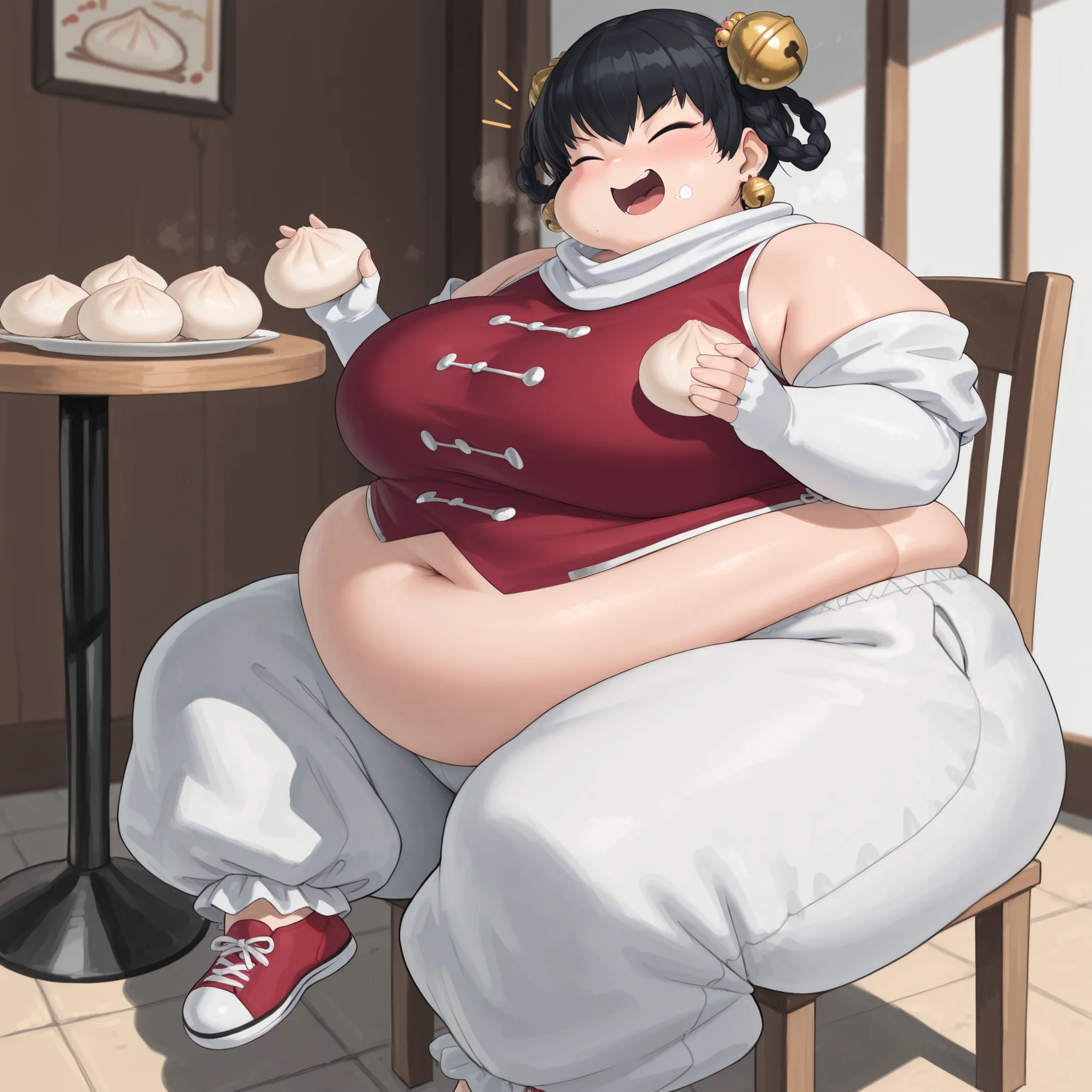 masterpiece, best quality, 1girl, solo  opmll, black hair, short hair, hair rings, twin braids, hair bell, earrings, white scarf, red shirt, sleeveless shirt, detached sleeves, elbow gloves, fingerless gloves, white pants, baggy pants, (large breasts:0.7),...