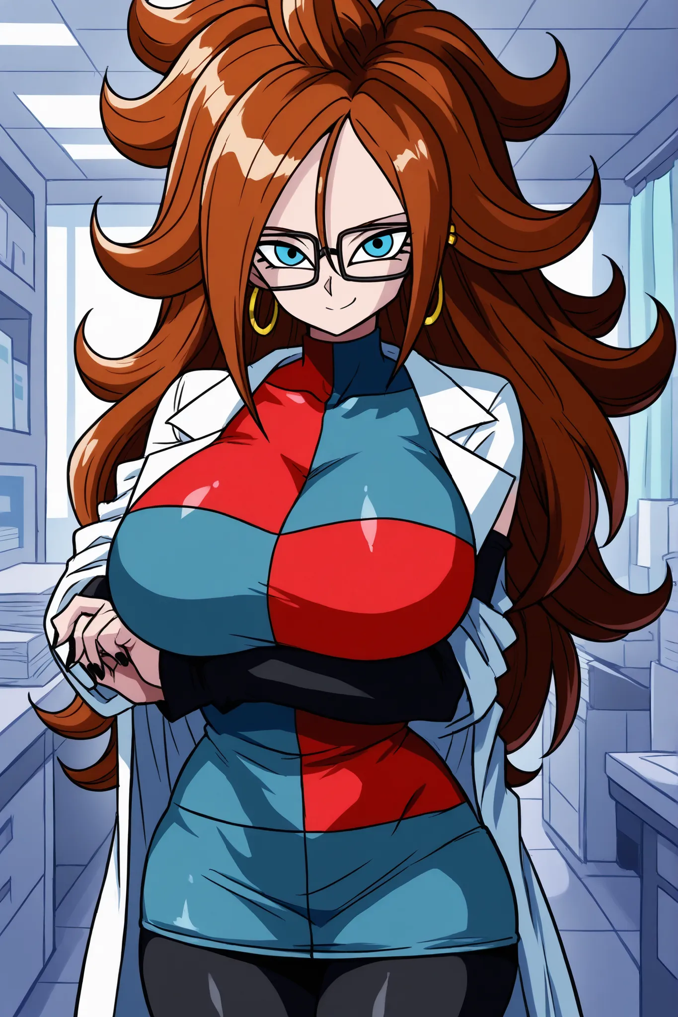 android 21, blue eyes, brown hair, glasses, long hair, very long hair, black-framed eyewear, happy face, little smile, close mouth, black sleeves, checkered clothes, checkered dress, detached sleeves, dress, lab coat, turtleneck, indoors, Black pantyhouse ...