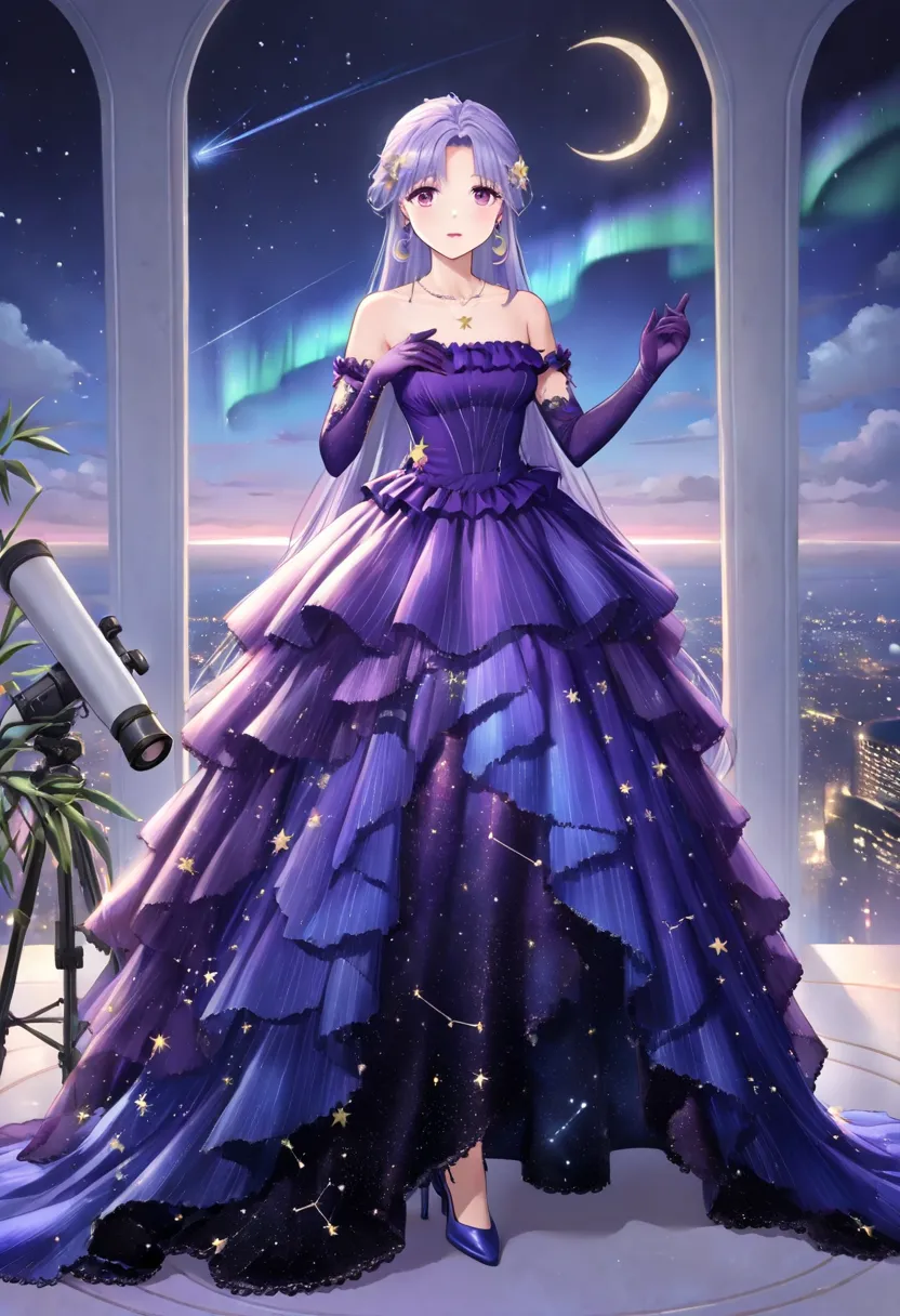 ((masterpiece)),(((best quality))),((ultra-detailed)),((illustration)),((disheveled hair)),((frills)),(1 girl),(solo), purple eyes, purple hair, long hair, 1girl, aerial fireworks, aurora, bangs, bare shoulders, city lights, cloud, collarbone, constellation, constellation print, crescent, crescent moon, curtains, dress, elbow gloves, fireworks, full body, full moon, galaxy, gloves, hair ornament, high heels, jewelry, light particles, lipstick, long dress, looking at viewer, makeup, milky way, moon, moonlight, necklace, night, night sky, pillar, planet, purple dress, shooting star, sky, skyline, snowing, solo, space, standing, star \(sky\), star \(symbol\), star earrings, star hair ornament, star necklace, star print, starry background, starry sky, starry sky print, tanabata, tanzaku, tarot, telescope, very long hair, window