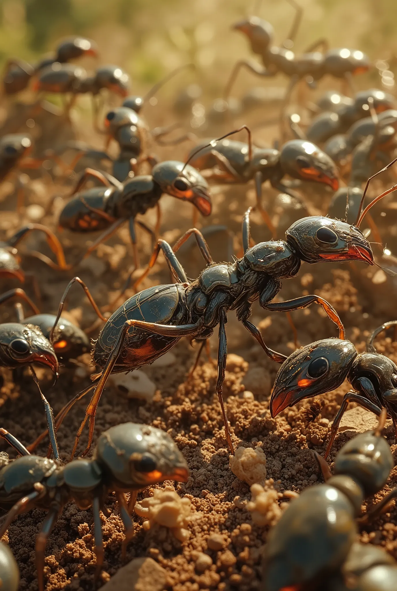 4k, high resolution, best quality, perfect colors, perfect shadows, perfect lighting. A horde of cyber army ants.Ready to fight.