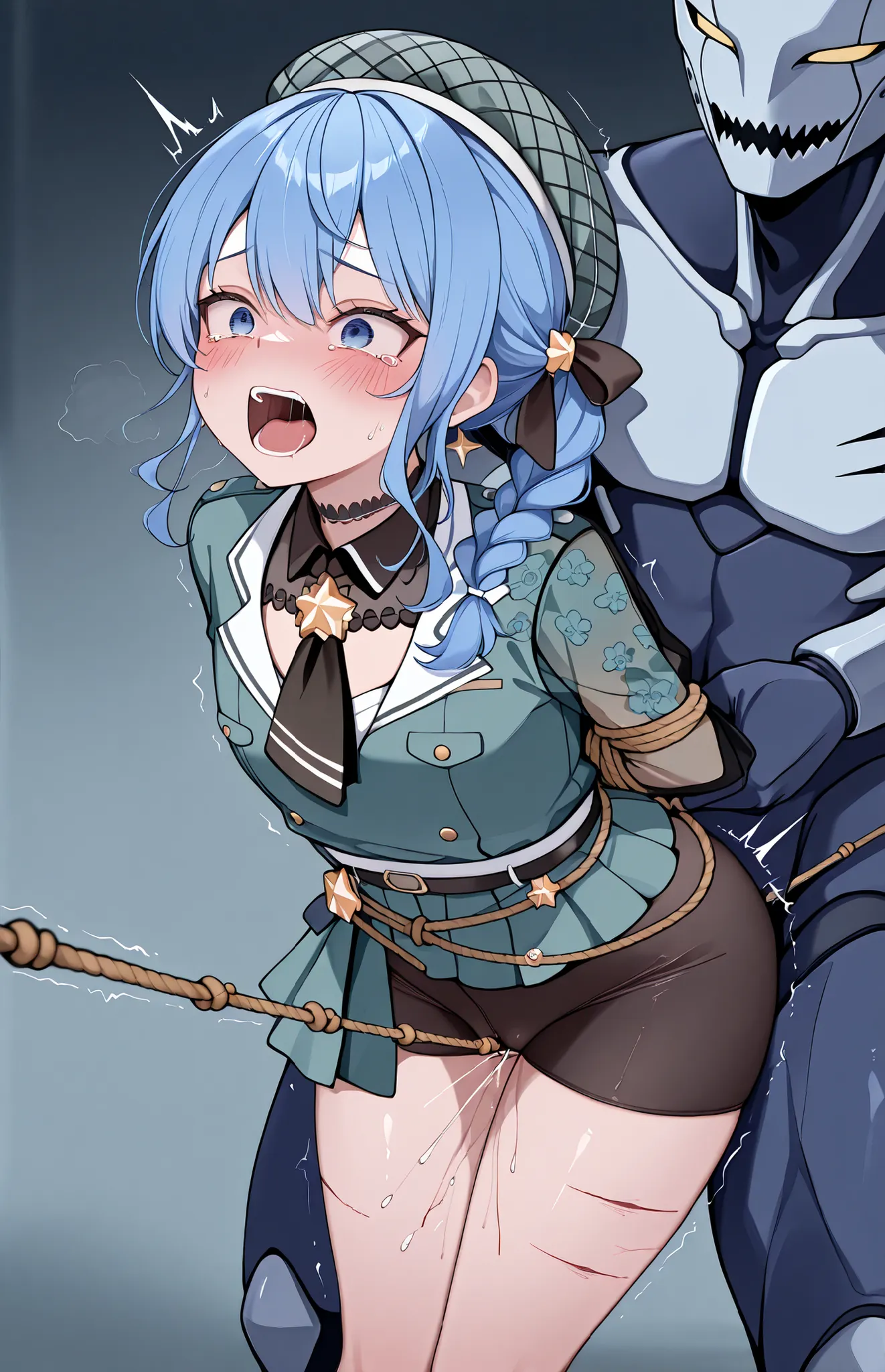  Suisei Star Town (8+ Costume) | Hololive | [Pony XL]

, 1girl,blush,tearful，Wide Open Eyes、Clench、 Clench，,I look diagonally to the side，and the rope cuts into my crotch，，Hunchback、leaning forward，I can't stand in my back、I can't stand straight，stand up，s...
