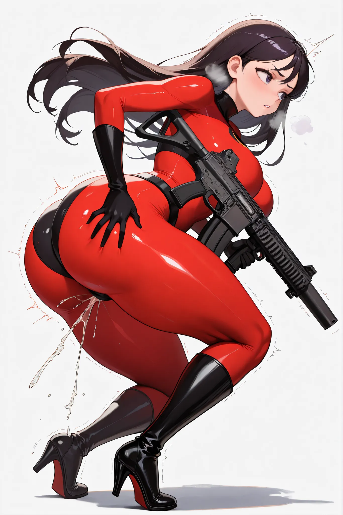 masterpiece, best quality, absurdres, highres, newest, 1girl, solo,  nikkecrouching, full body, one knee, looking to the side, dynamic pose, assault rifle, trigger discipline, violet parr, incredibles outfit, black high cut panty briefs, red bodysuit leggi...