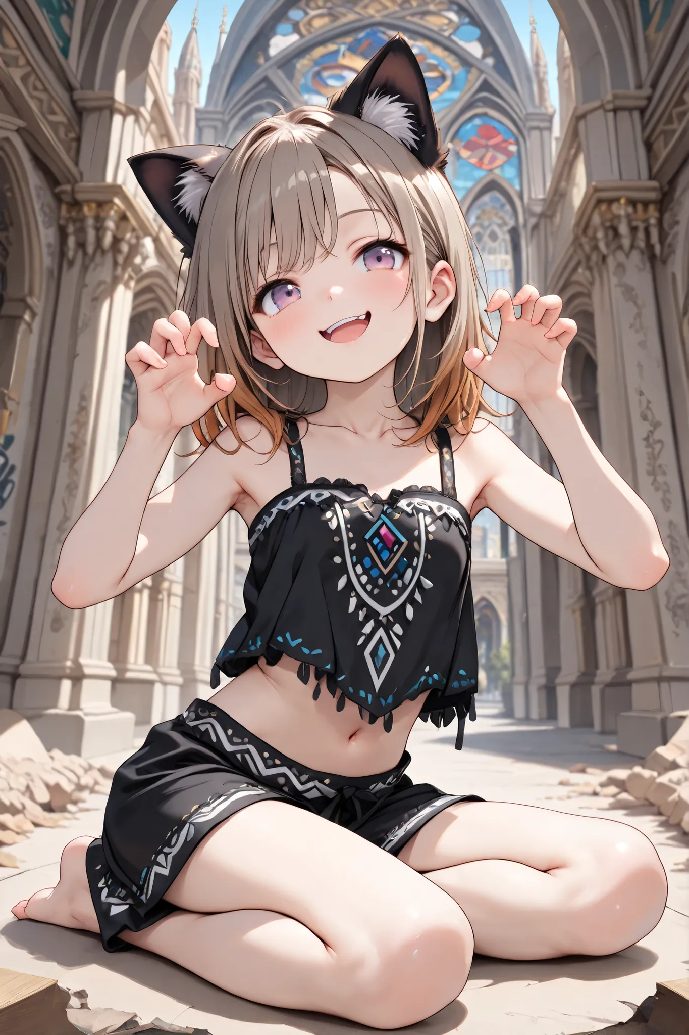 ((Masterpiece)), ((best quality, amazing quality)), (wide shot), ((very aesthetic, absurdres, newest)), ((detailed background, negative space, blurry background, depth of field)), (drop shadow), (8K), ((1girl)), (cute young girl), (Healthy body, Textured s...