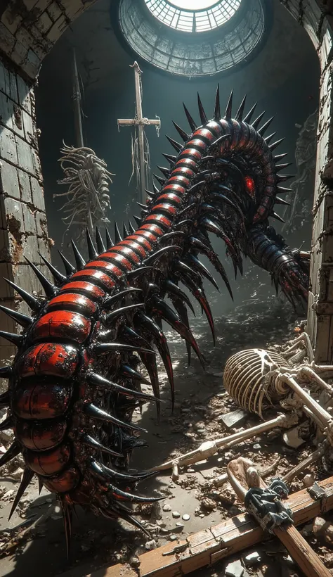 A centipede the size of a motorcycle with obsidian-sharp spikes down its segmented body. Its legs end in spear tips, and it moves with lightning speed through the ruins of an underground bunker. Impaled skeletons lie behind it. Photorealistic, metallic lig...