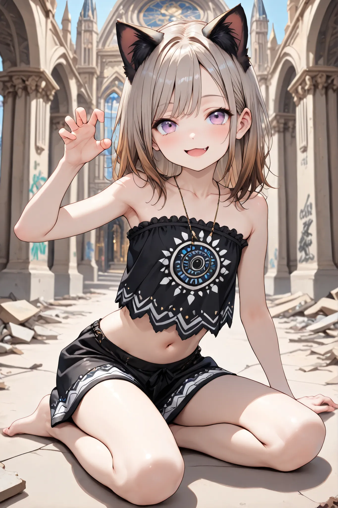 ((Masterpiece)), ((best quality, amazing quality)), (wide shot), ((very aesthetic, absurdres, newest)), ((detailed background, negative space, blurry background, depth of field)), (drop shadow), (8K), ((1girl)), (cute young girl), (Healthy body, Textured s...