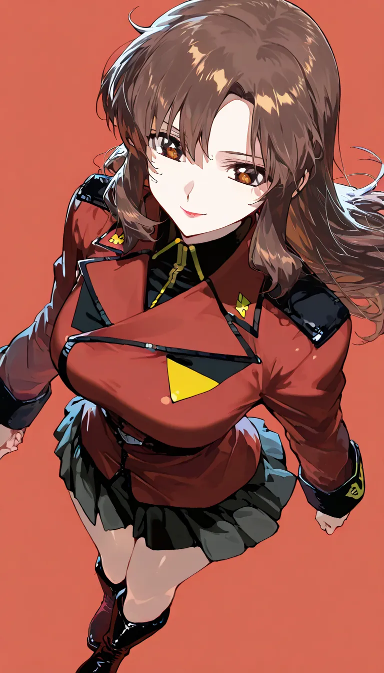 (beautiful girl : 1.3),1 girl,(Murrue,brown hair,brown eyes,lipstick,long hair),(red military uniform,boots),Smile Yan,simple color background,Dynamic Angle,masterpiece,top quality,Rich Contrasts,High Definition,8k,high definition CG unit wallpaper,Textures,Incredibly Absurd,RAW pictures,Deep Border 1 .2,very detailed