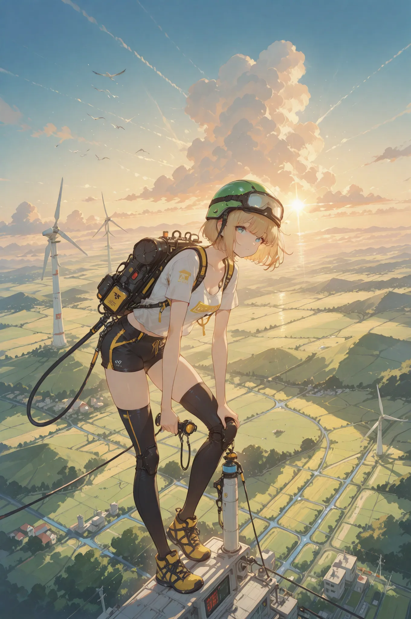 wind_turbine_maintenance_scene:
  base: masterpiece, anime artwork, score_9_up, 1girl, 20yo Japanese woman, from an angle, upper body shot, detailed flat anime style
  BREAK
  hair: (golden blonde hair:1.3), bob cut secured with safety helmet straps, wind-...
