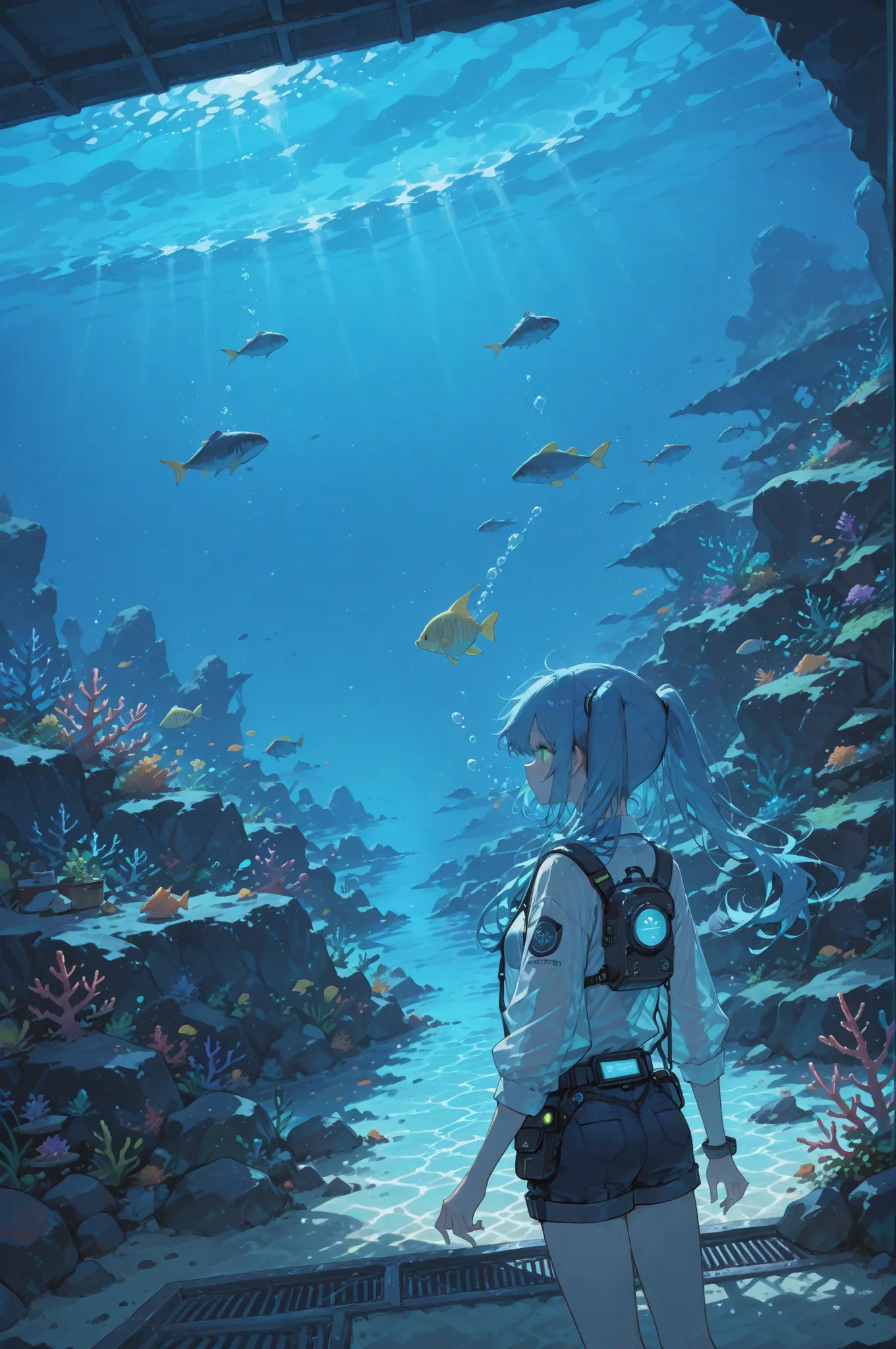 underwater_hot_spring_resort_guide_scene:
  base: masterpiece, anime artwork, score_9_up, 1girl, 20yo Japanese woman, from an angle, upper body shot, detailed flat anime style
  BREAK
  hair: (electric blue hair:1.3), twin tails with bioluminescent highlig...
