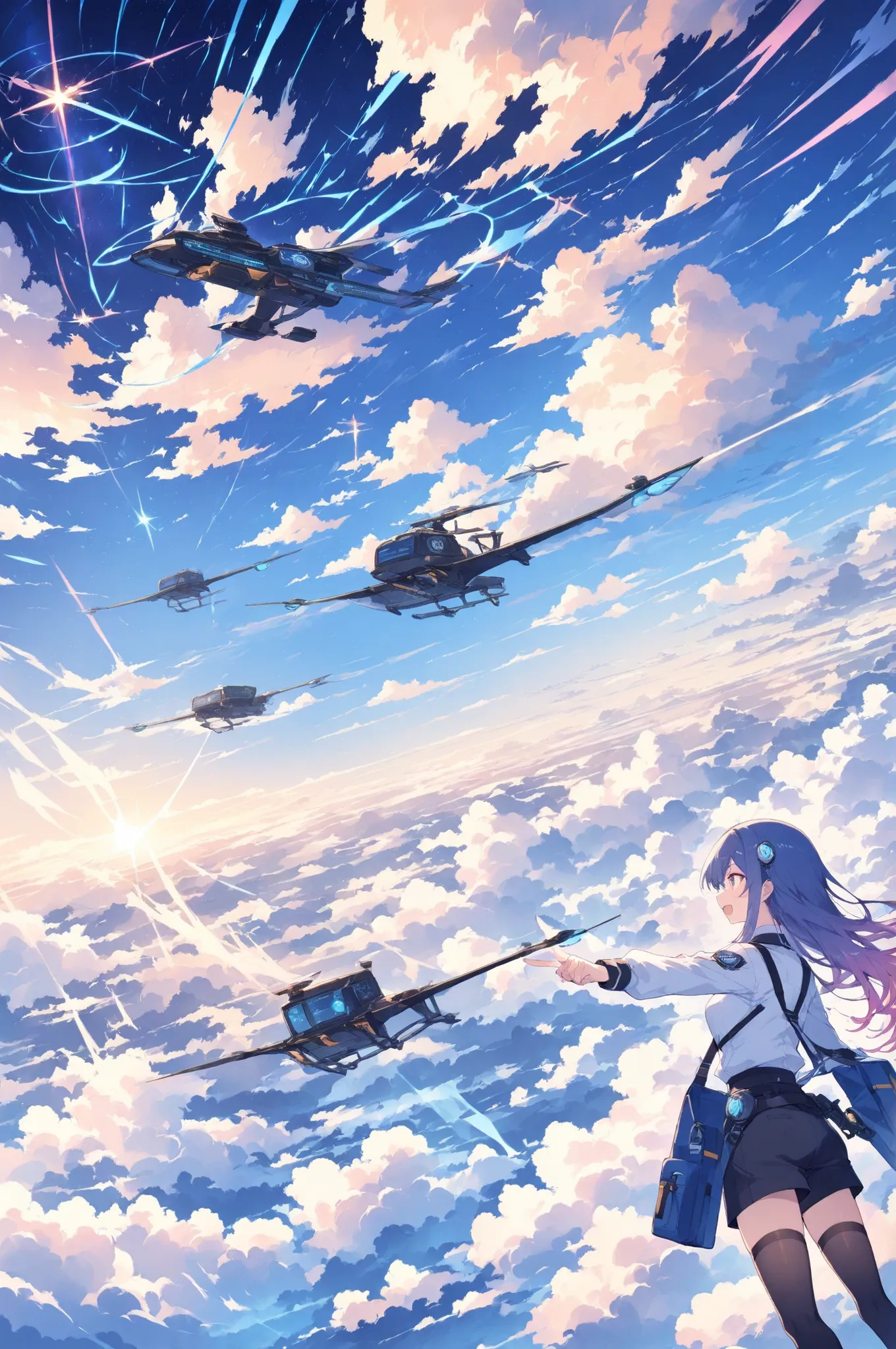 cloud_postal_delivery_flight_scene:
  base: masterpiece, anime artwork, score_9_up, 1girl, 20yo Japanese woman, from an angle, upper body shot, detailed flat anime style
  BREAK
  hair: (gradient hair from white to sky blue:1.3), wavy hair flowing with hig...