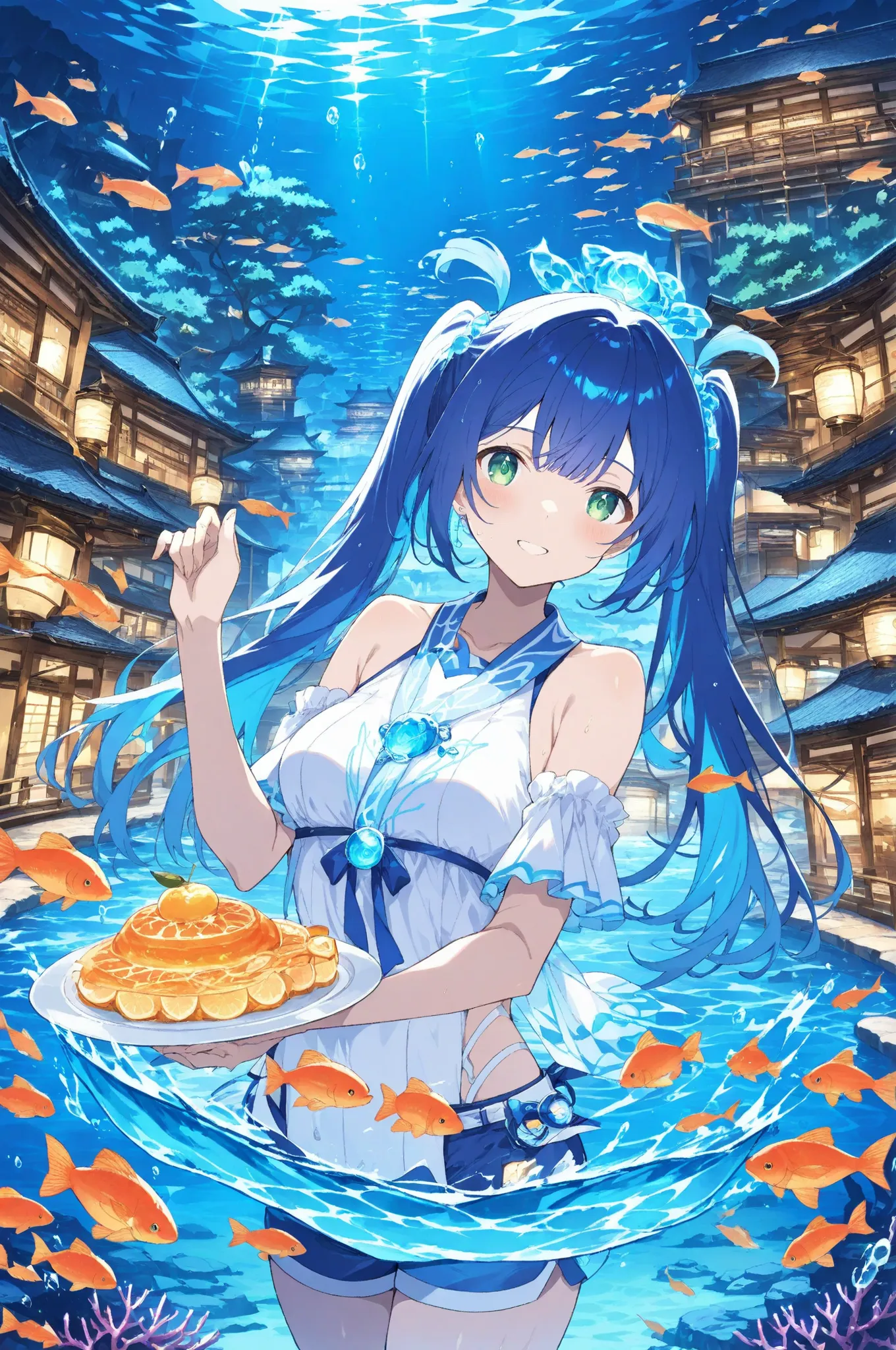 underwater_hot_spring_resort_guide_scene:
  base: masterpiece, anime artwork, score_9_up, 1girl, 20yo Japanese woman, from an angle, upper body shot, detailed flat anime style
  BREAK
  hair: (electric blue hair:1.3), twin tails with bioluminescent highlig...