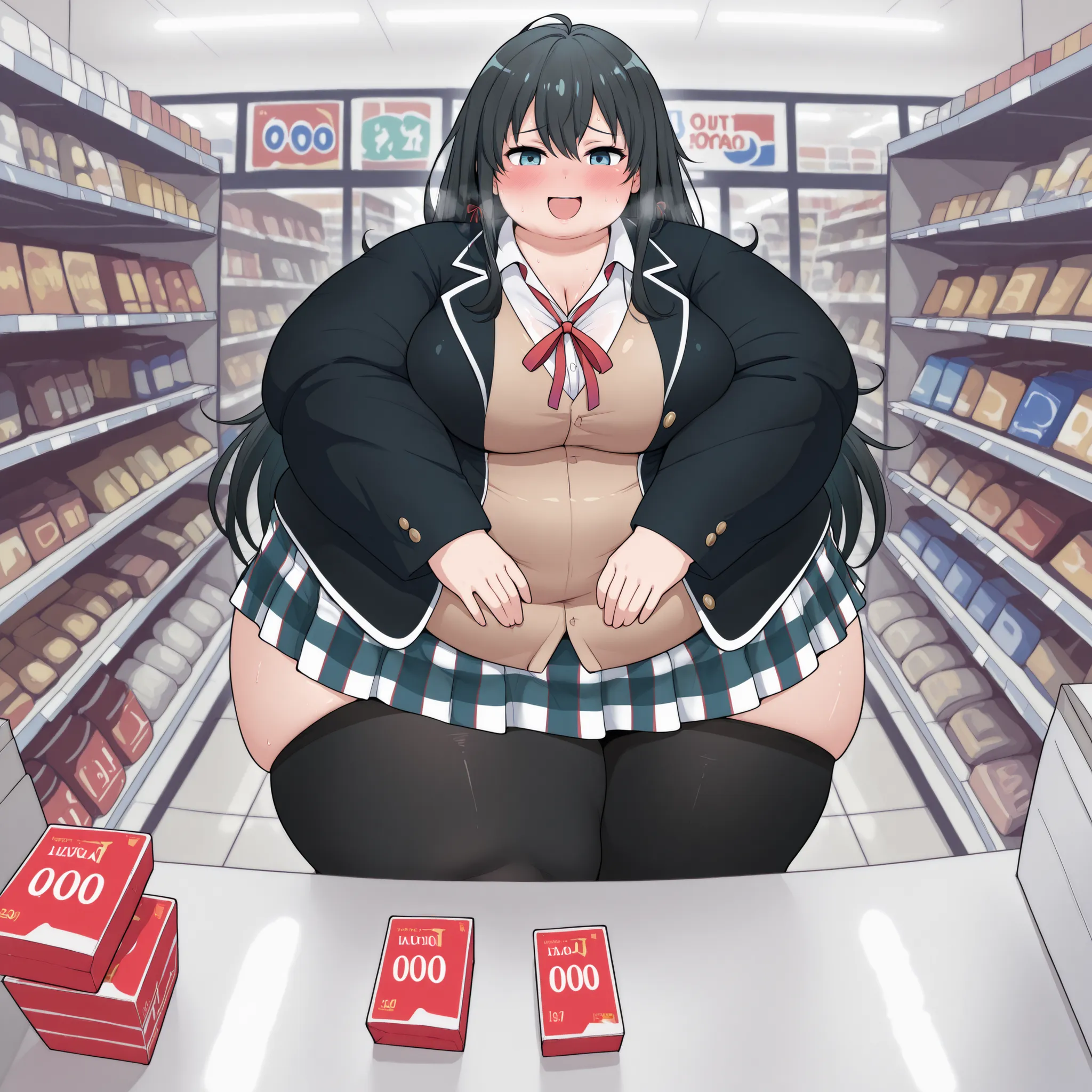 buying condoms, condom box, Okamato Condom, Convenience Store, store, supermarket, storeping, Yukino Yukinoshita, blue eyes, long hair, Ahogge, shy,  shy, smile plaid,   Skirt, school uniform,  Skirt, sobu high school uniform,Thigh,black stockings above th...