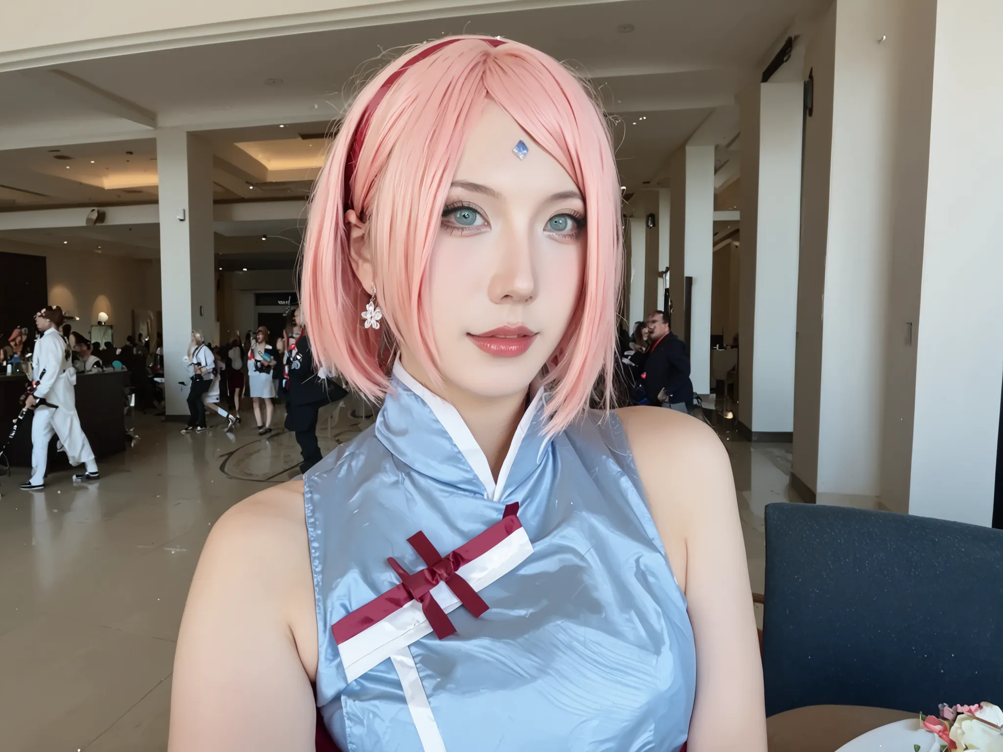 Mulher cosplayer, 18 anos, cosplayer de Haruno Sakura - Naruto , seu grande seio nu, sem roupas, nu completo, seios pequenos ,  she is at a hotel 