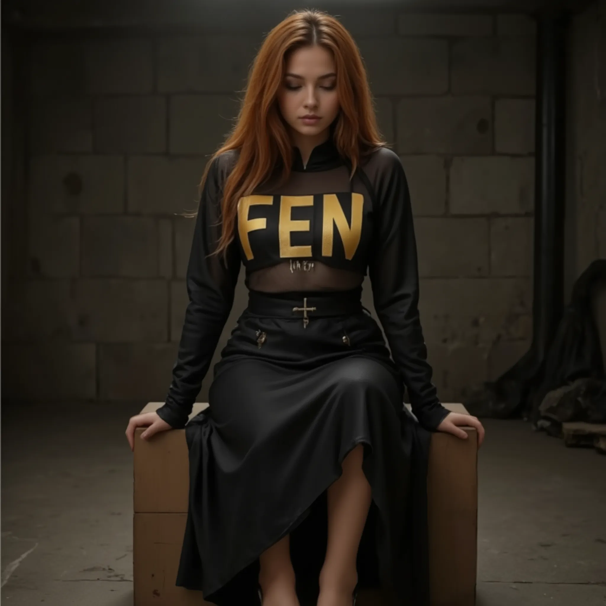 Sura is sitting on a teak box, in a dimly-lit photostudio. Model is wearing a black outfit, consisting of a skirt and a top. The skirt is a heavy midi-length garment, featuring an asymmetrical lower hemline. There is a small patch at the hip, which is embr...