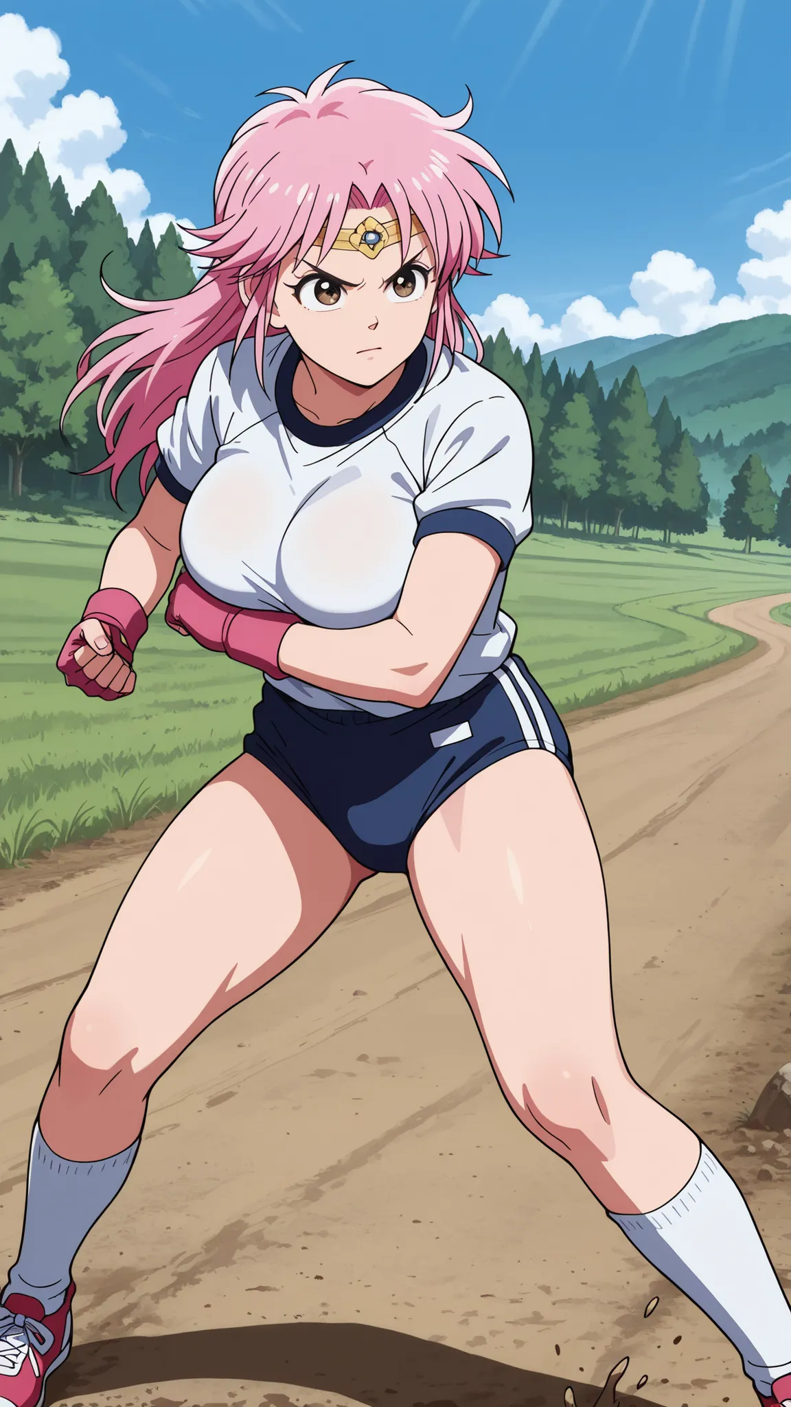 Maam in a fighting pose, one woman, pink hair, long hair, circlet, serious expression, white short-sleeved gym uniform on the upper body, large breasts, no bra, the tips of the breasts are pushing up the clothes, navy blue buruma with white lines on the lo...