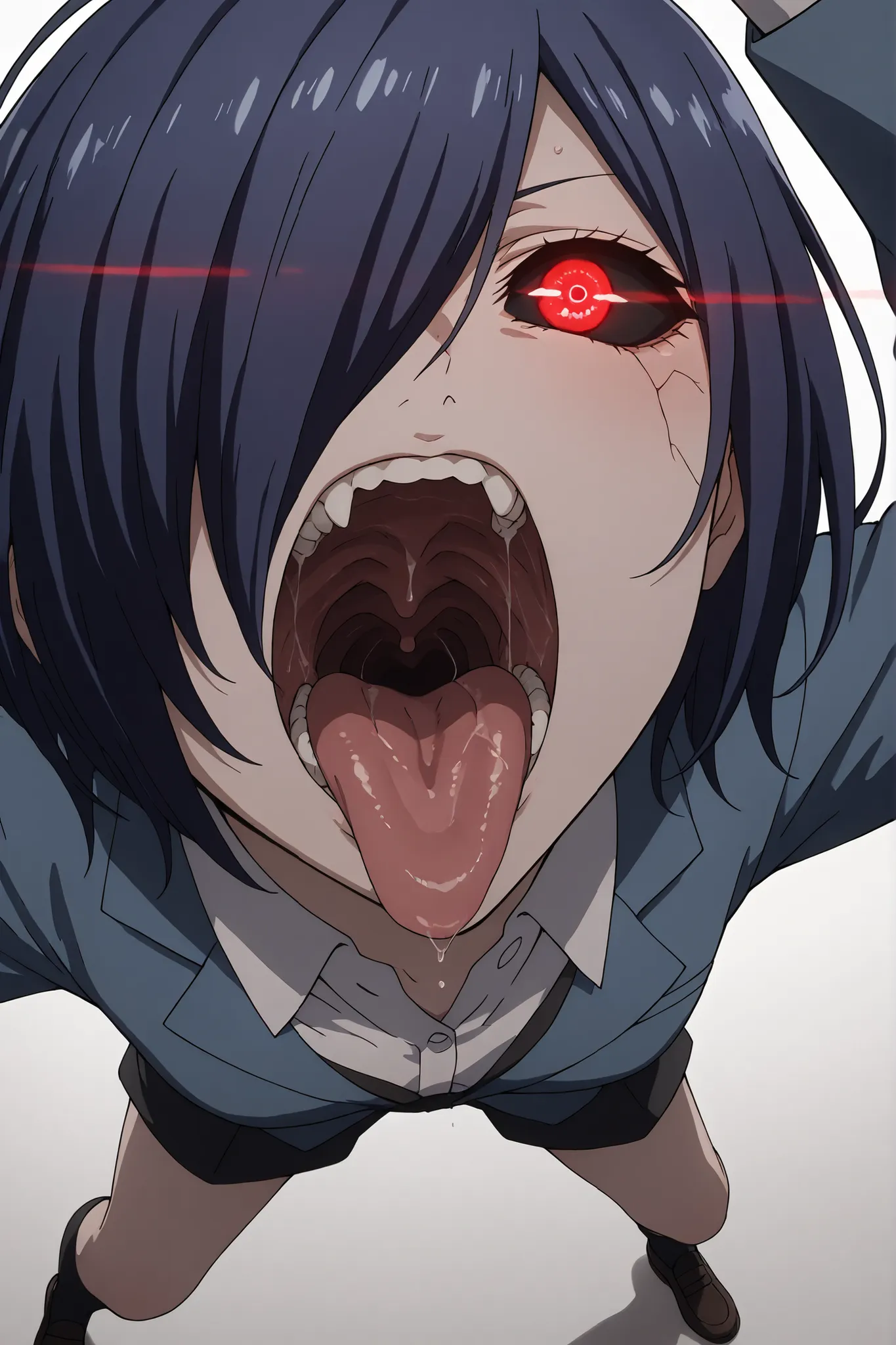open mouth,粉紅色的Tongue, teeth, uvula, Face lens,, (open mouth, Tongue , uvula ), (I have a big mouth., [hair),(給我看粉紅色的Tongue),Saliva column, ghoul eyes, red eyes, glowing, colored sclera, black sclera, glowing eyes,kirishima touka, blue hair, hair over one ...