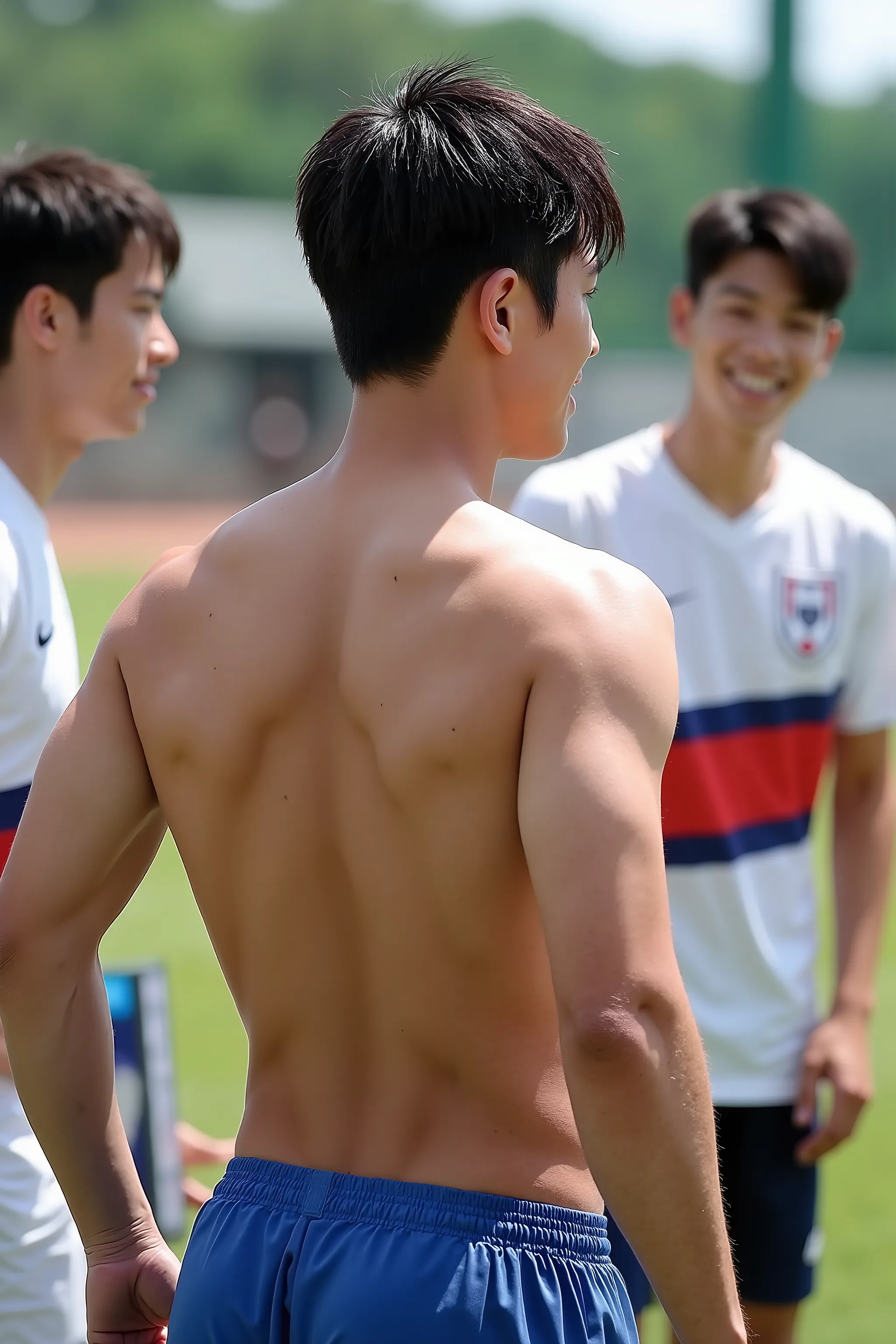 young, boy,all nationality are japanese, soccer player, handsome japanese boys, standing on the soccercourt, boy group, 4 people, a sunny and handsome boy，about 22 years old， short hair，Full body photo composition，solid color background，8k， HD, soccer unif...