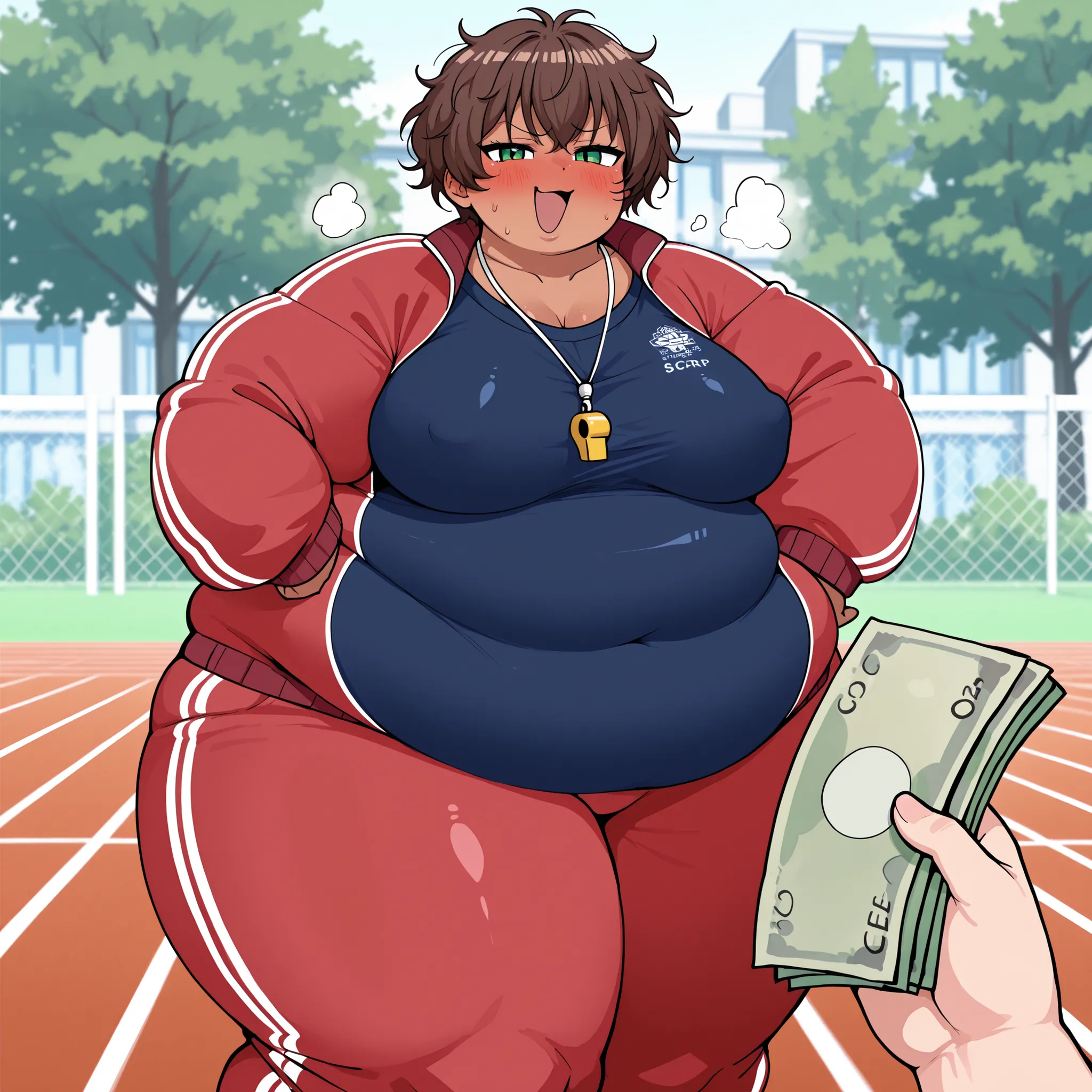 score_9, score_8_up, score_7_up, source_anime BREAK 1girl, brown hair, short hair, breasts, perky breasts, female gym teacher, pov, money, holding money, standing, track suit, dark-skinned female, looking at viewer, blush, messy hair, green eyes, running t...