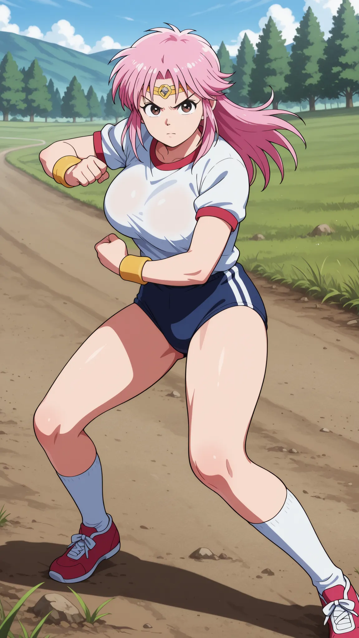 Maam in a fighting pose, one woman, pink hair, long hair, circlet, serious expression, white short-sleeved gym uniform on the upper body, large breasts, no bra, the tips of the breasts are pushing up the clothes, navy blue buruma with white lines on the lo...