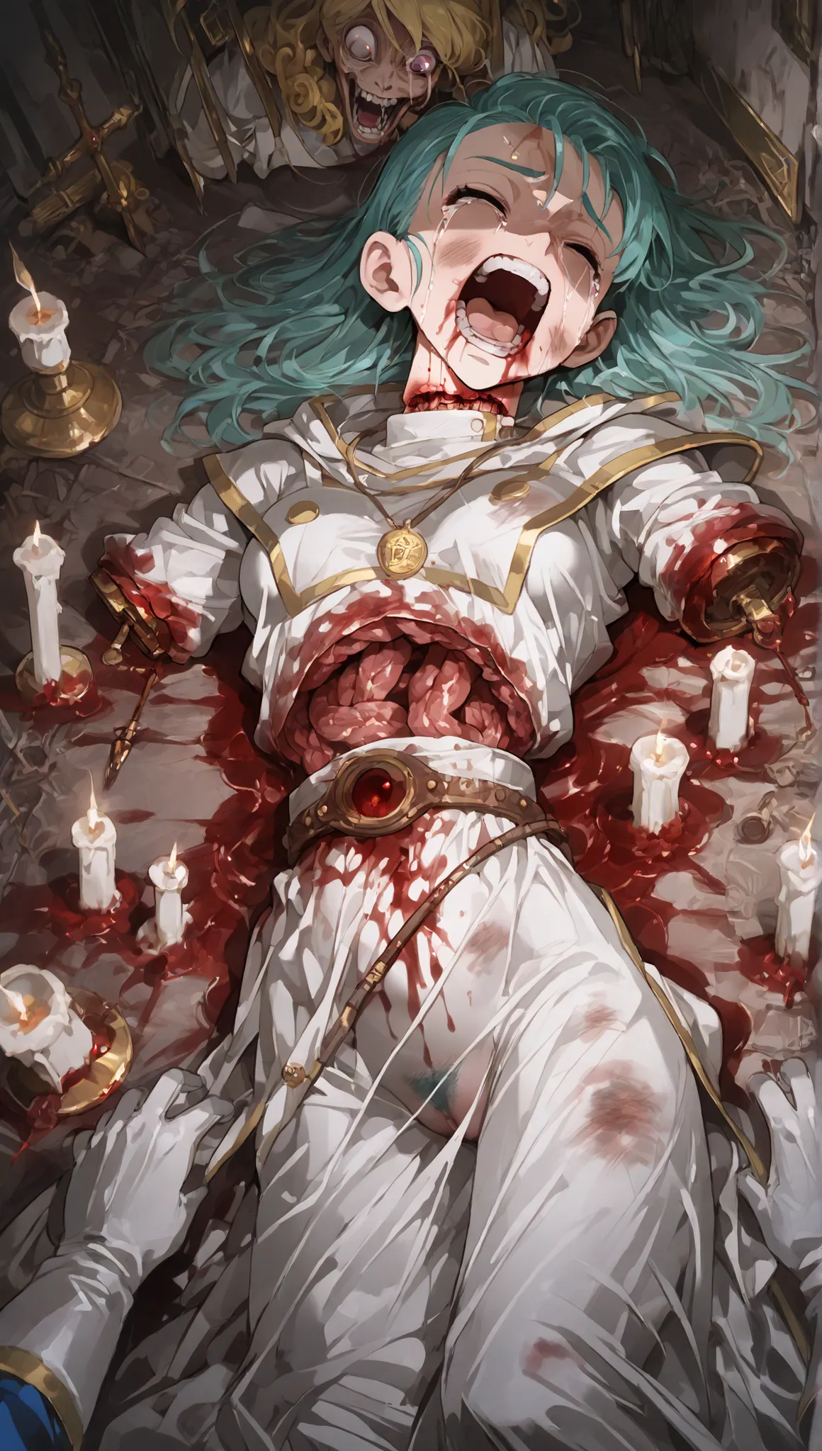 Full penetration of all holes Foreign object insertion Dramatic panting, wheezing sound effects,   Bulma in DRAGON BALL ,  Bulma in blonde curly hair, Bulma in white priest robe, long dress with gold trim, hooded cloak, religious symbol pendant, long glove...