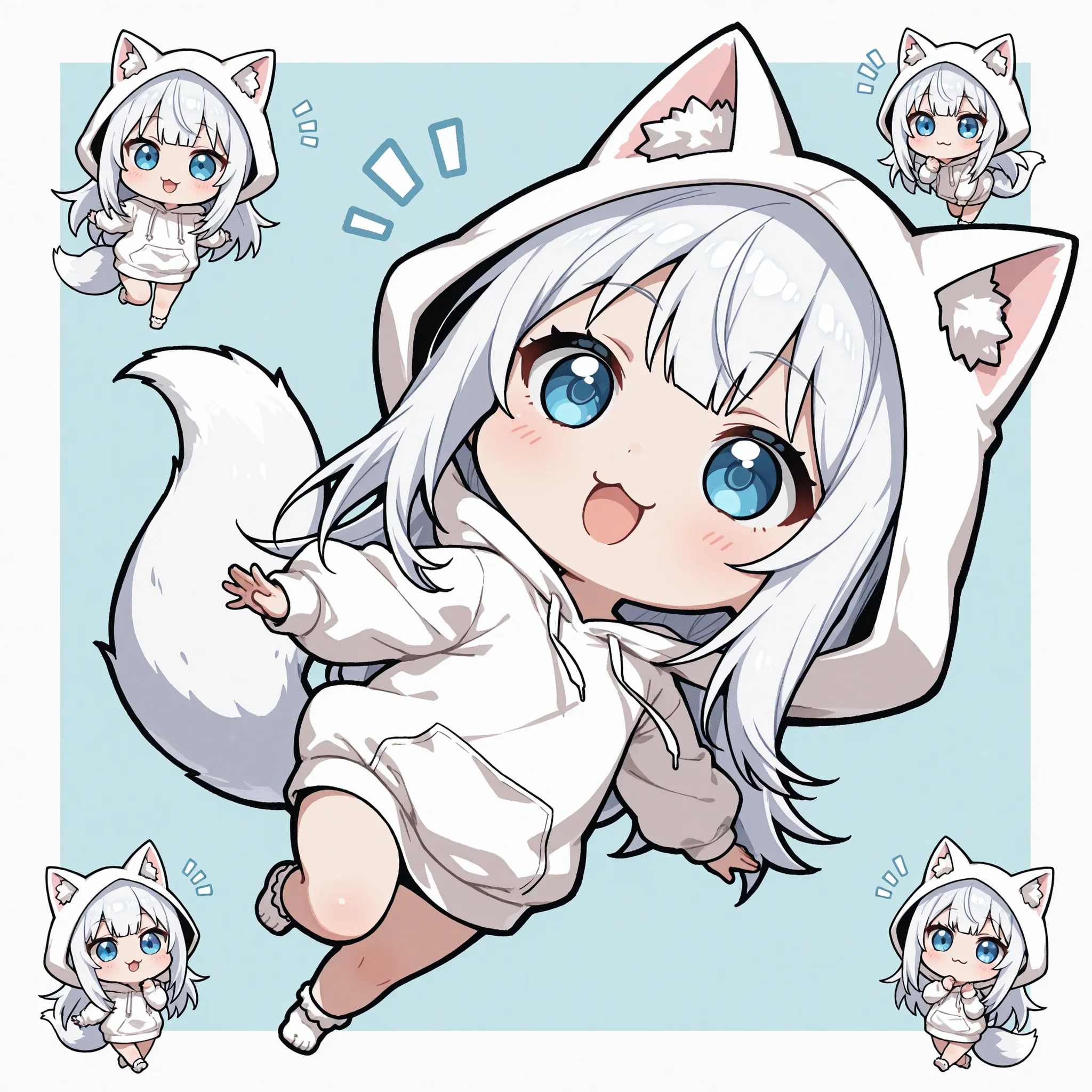 ((Masterpiece)),((best quality)),((incredibly absurdres)),((8K)),(anime style), 
1 (chibi girl),(anime chibi),solo,white hair,long hair,straight hair,blue eyes,baby face,cute,kawaii,(white fox tail),(white cat ears),cat foot, 
wearing a white cat hoodie,ho...