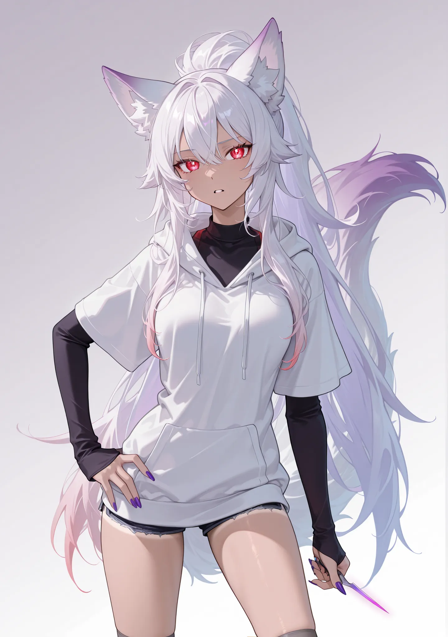 medium tan woman, wolf ears, white wolf tail with purple tip, white purple tinted ponytail hair with purple gradient, glowing crimson red eyes, white hoodie, black undershirt, dark blue jean shorts, gray long tights, dark background, deadpan expression, ho...