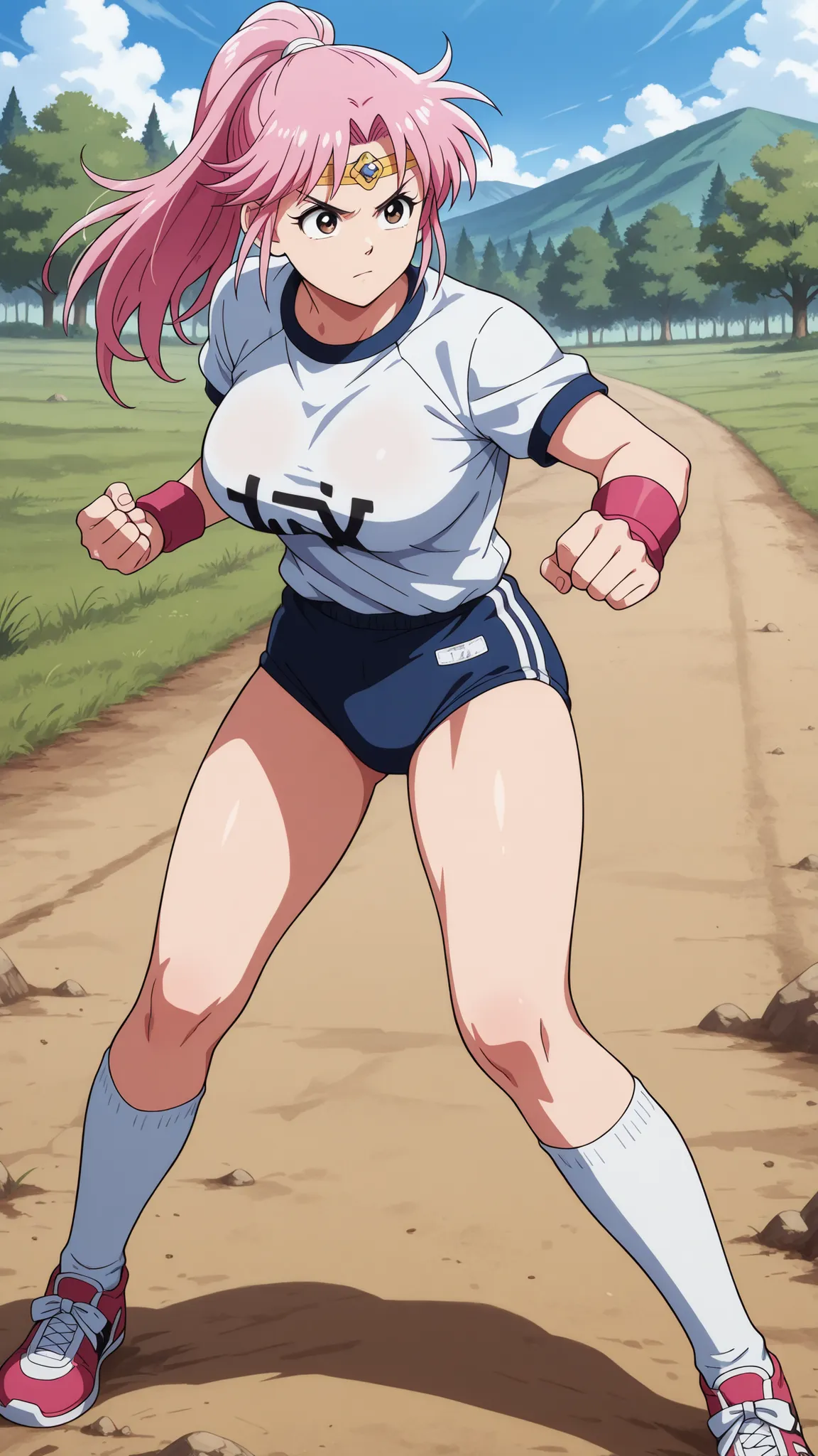 Maam in a fighting pose, one woman, pink hair, long hair, circlet, serious expression, white short-sleeved gym uniform on the upper body, large breasts, no bra, the tips of the breasts are pushing up the clothes, navy blue buruma with white lines on the lo...