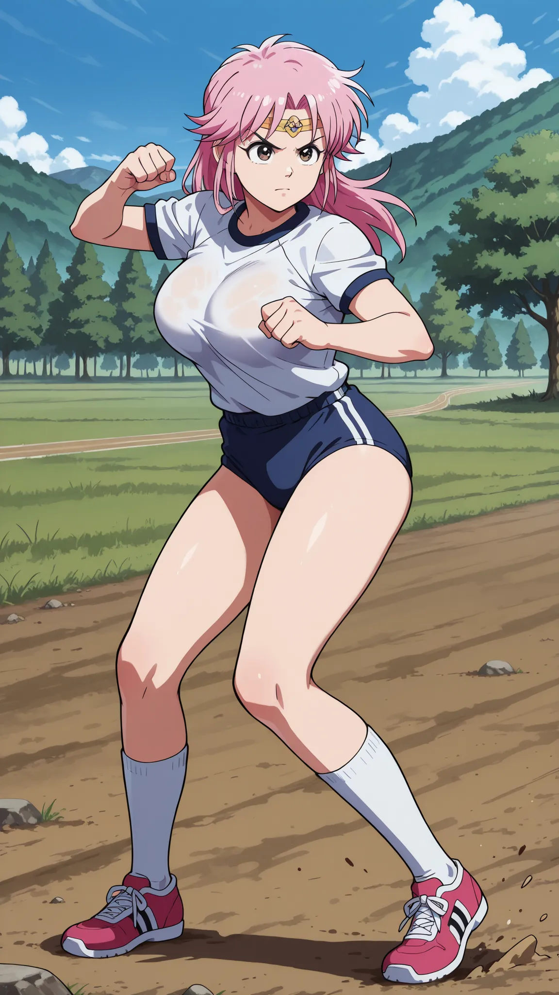Maam in a fighting pose, one woman, pink hair, long hair, circlet, serious expression, white short-sleeved gym uniform on the upper body, large breasts, no bra, the tips of the breasts are pushing up the clothes, navy blue buruma with white lines on the lo...