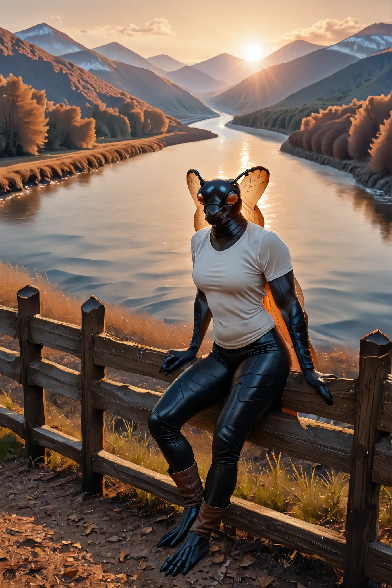 furry, anthro, male, ((anthro ant)), insect body features, cowboy, barefoot, (akb), RAW photo, ultra highres, cowboy leaning against wooden fence, tight white t-shirt, strong arms, confident smirk, defined jawline, leather boots, mountain landscape, (((She...