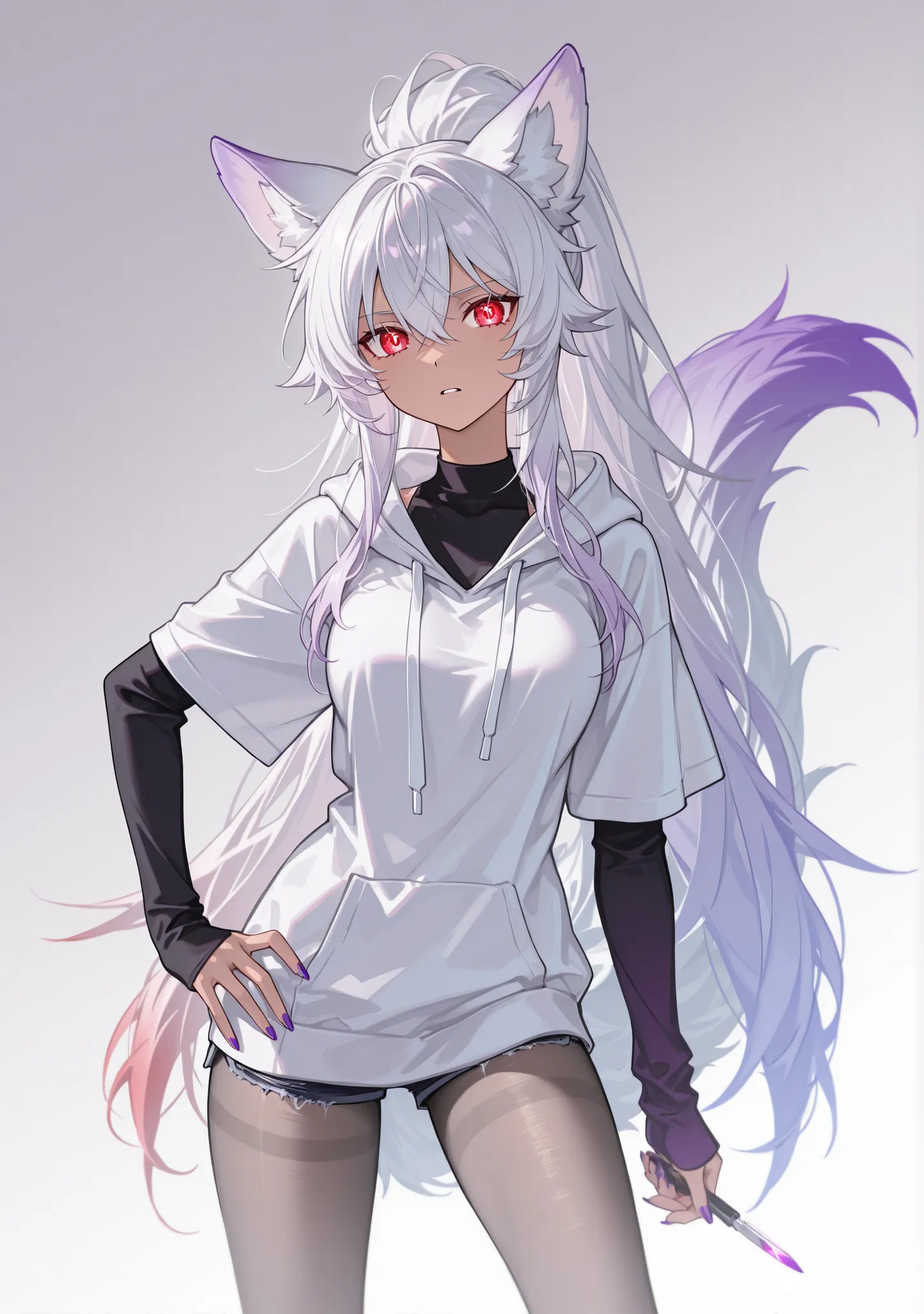 medium tan woman, wolf ears, white wolf tail with purple tip, white purple tinted ponytail hair with purple gradient, glowing crimson red eyes, white hoodie, black undershirt, dark blue jean shorts, gray long tights, dark background, deadpan expression, ho...