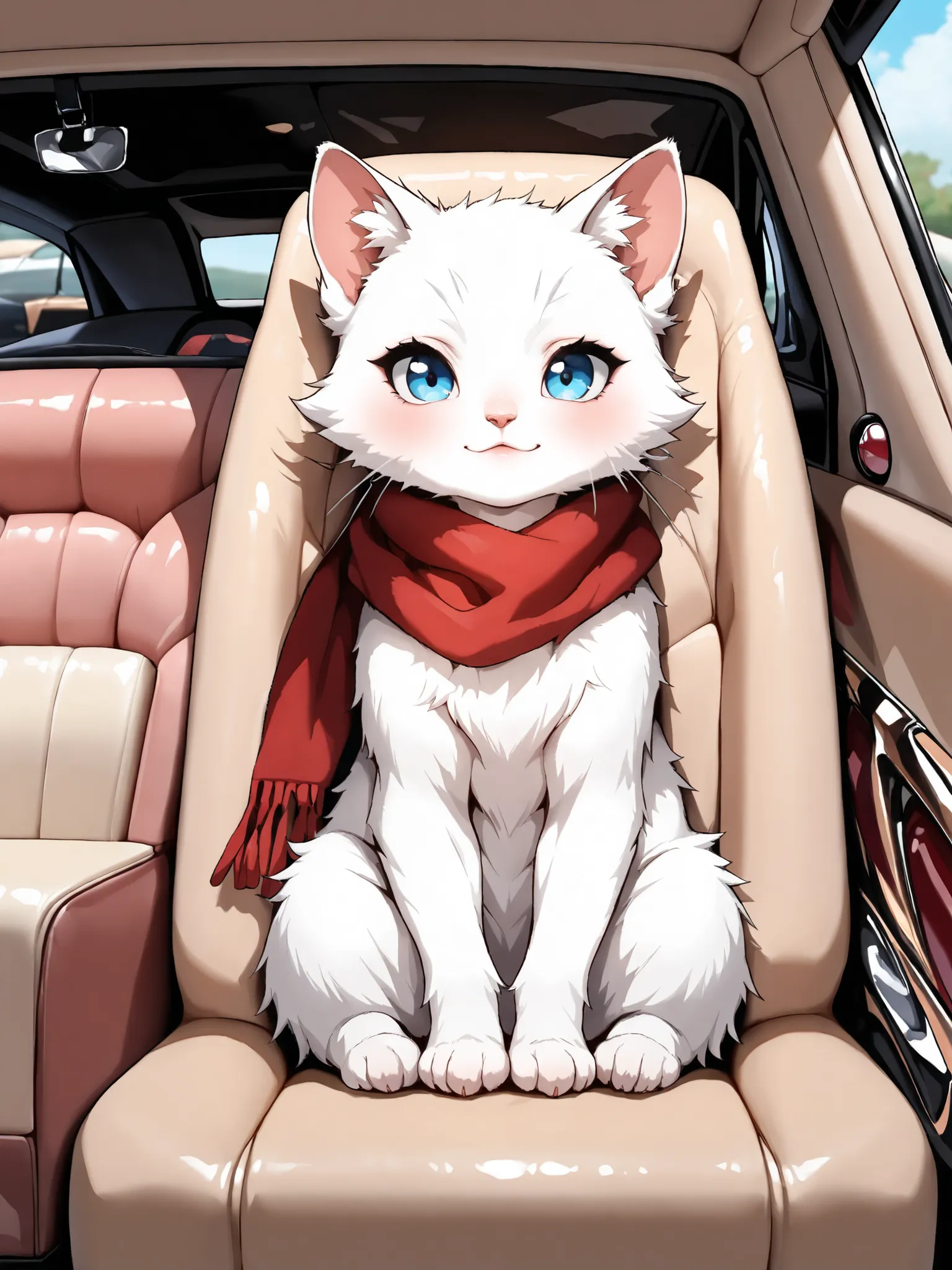 masterpiece, good quality, amazing quality, very aesthetic, anime, highres, absurdres, 16K resolution. | Kitten with fluffy white fur, wearing red scarf, ((sitting at a fancy car seat):1.3), proud expression. Miao_Kitten.