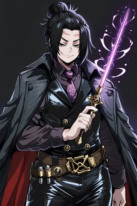 kurenaiz, IllusP0s, masterpiece, ultra highres, best quality, arcane, 1male, male focus, solo, black hair, short hair, Half-Man Bun hair style, black eyes, small pupils, tiny eyes, black trench coat, flowing black trench coat cape, dramatic billowing coat ...