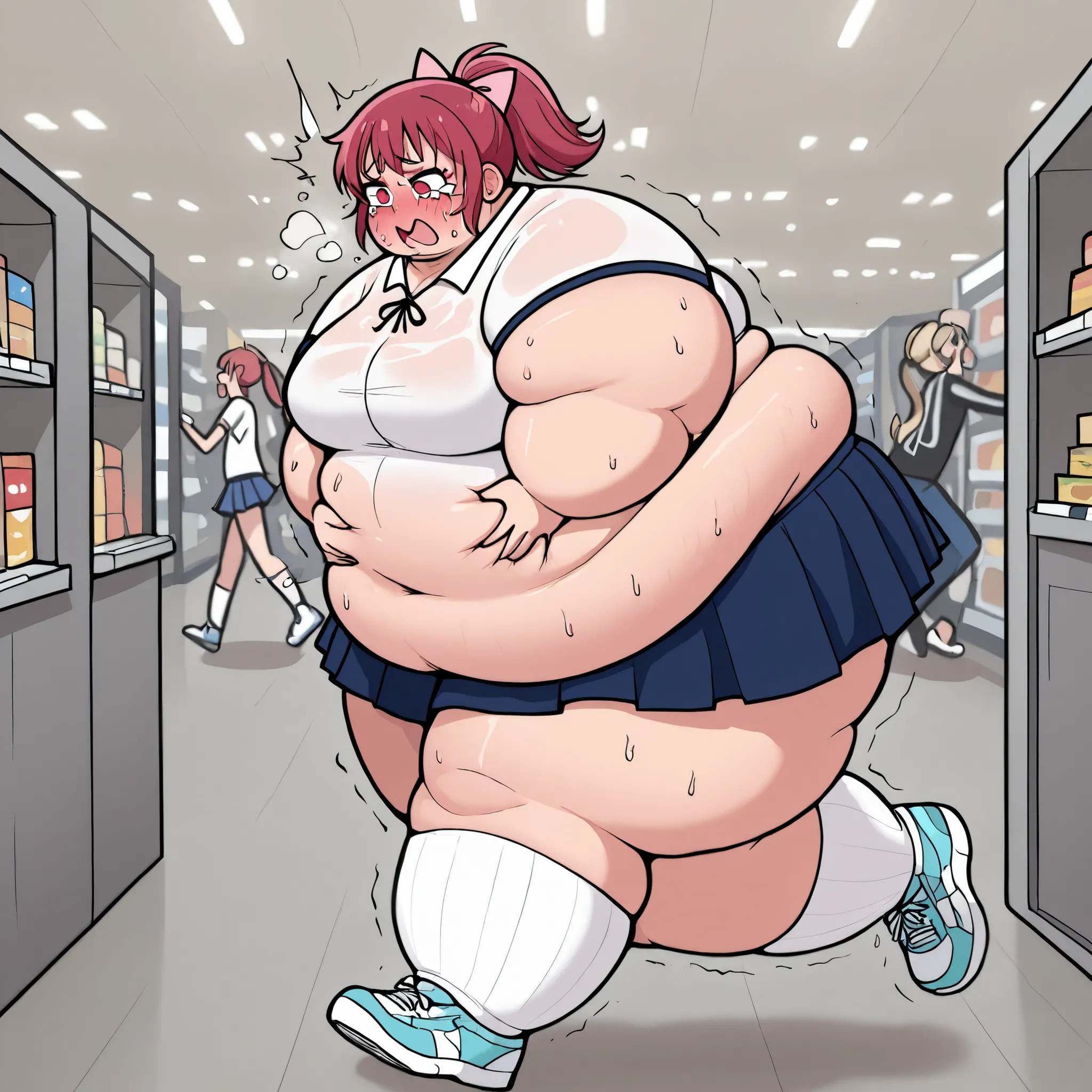 embarrassed, looking down,  crying, trembling, tearing up,  , rolling eyes, open mouth,a girl,, ハイカットレオタード, white collar, blue skirt, white kneehighs, white shirt,, buying condoms, fat, chubby, obese, gigantic arms and legs, large breasts open mouth, out o...