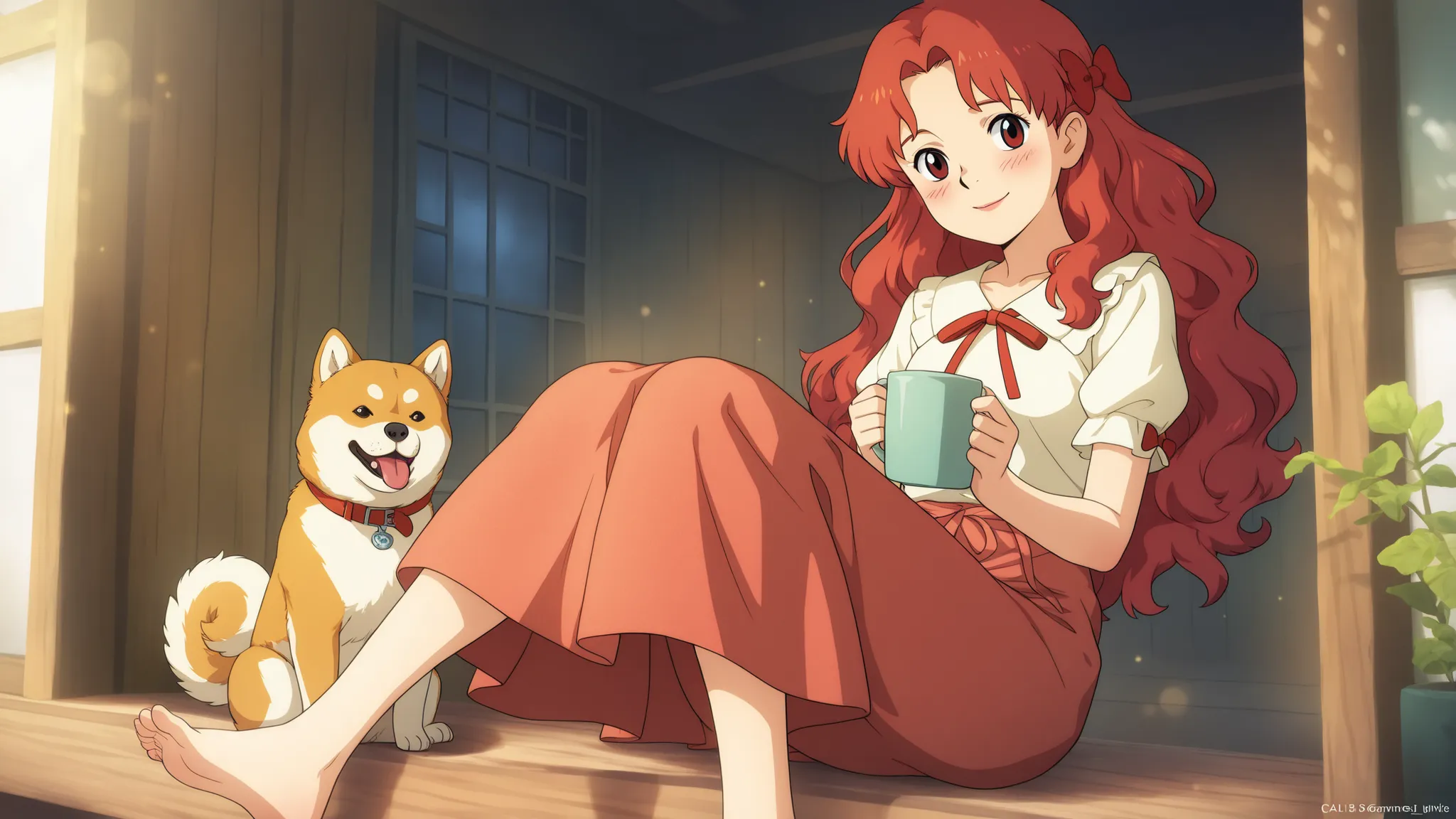 An 18-year-old Japanese girl with warm auburn red hair in soft, natural waves falling just past her shoulders. Sometimes loosely tied back, with a few strands framing her face. Fair skin with a healthy pink blush. Warm hazel eyes with long lashes and a sof...