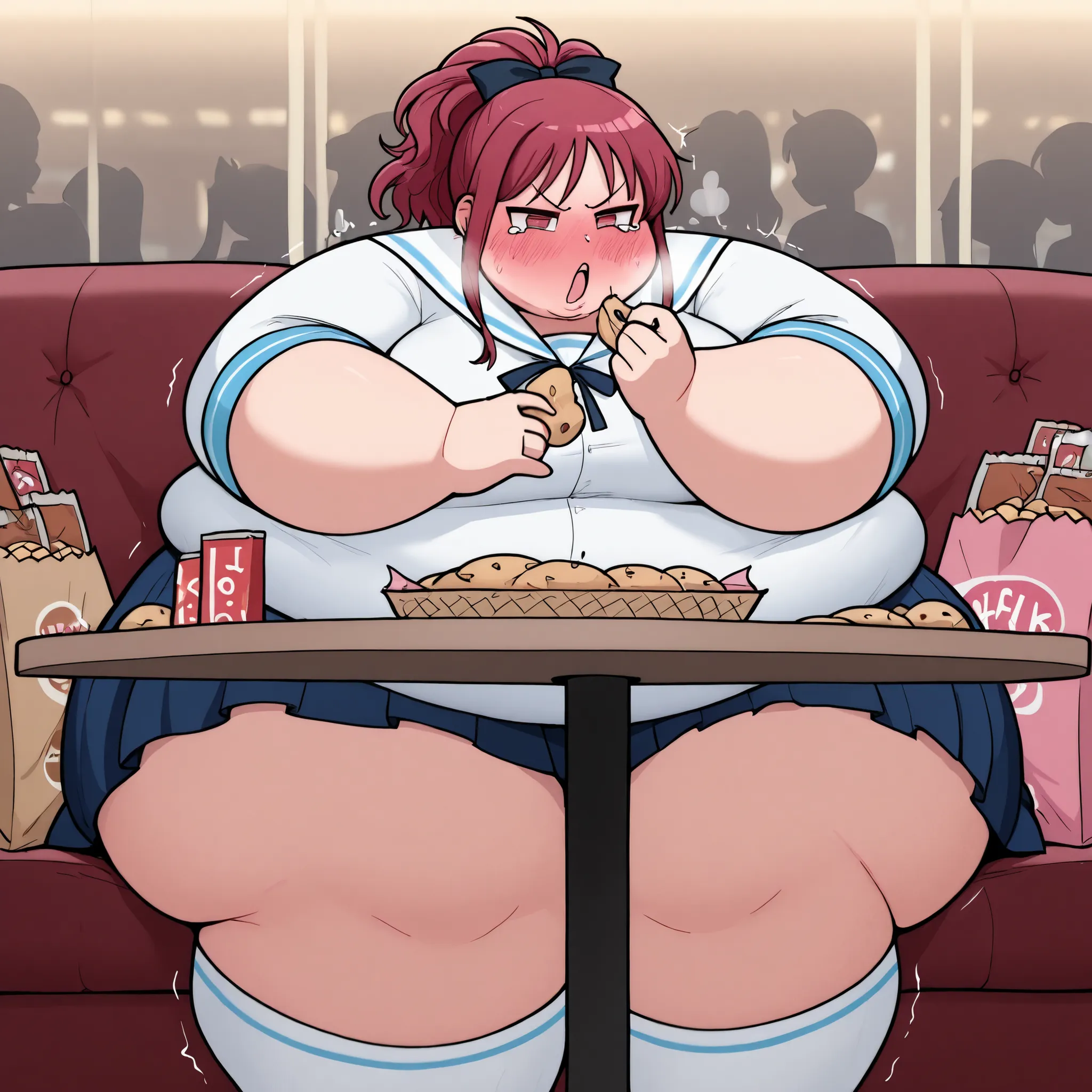 embarrassed, looking down,  puckered lips, trembling, tearing up,  v-shaped eyebrows, rolling eyes, open mouth,a girl,, ハイカットレオタード, white collar, blue skirt, white kneehighs, white shirt,, buying condoms, fat, chubby, obese, gigantic arms and legs, large b...