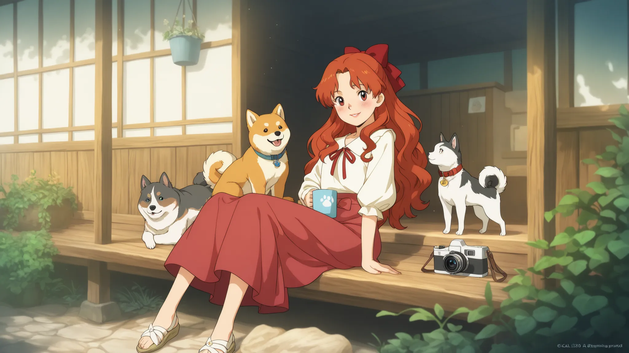 An 18-year-old Japanese girl with warm auburn red hair in soft, natural waves falling just past her shoulders. Sometimes loosely tied back, with a few strands framing her face. Fair skin with a healthy pink blush. Warm hazel eyes with long lashes and a sof...
