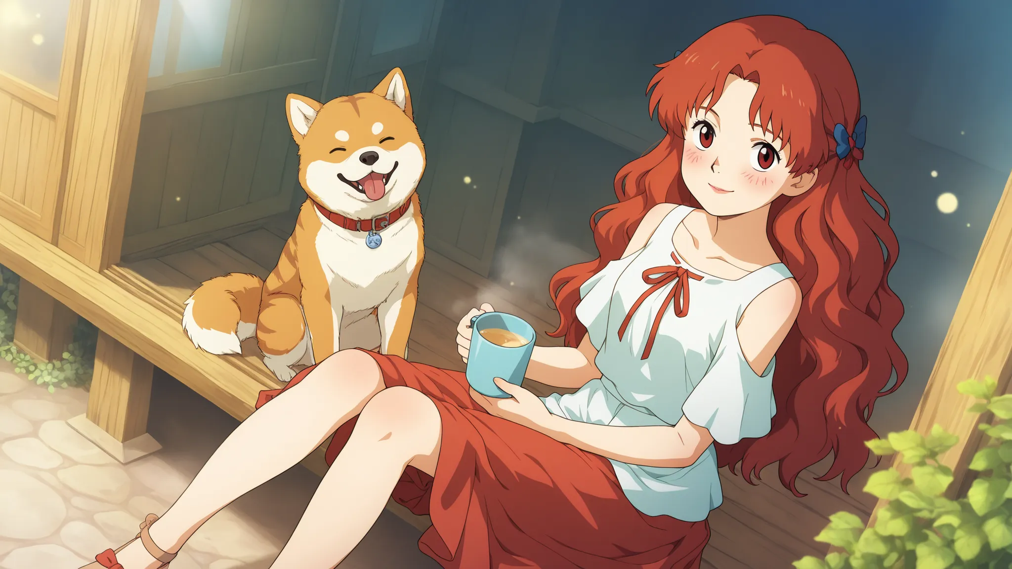 An 18-year-old Japanese girl with warm auburn red hair in soft, natural waves falling just past her shoulders. Sometimes loosely tied back, with a few strands framing her face. Fair skin with a healthy pink blush. Warm hazel eyes with long lashes and a sof...
